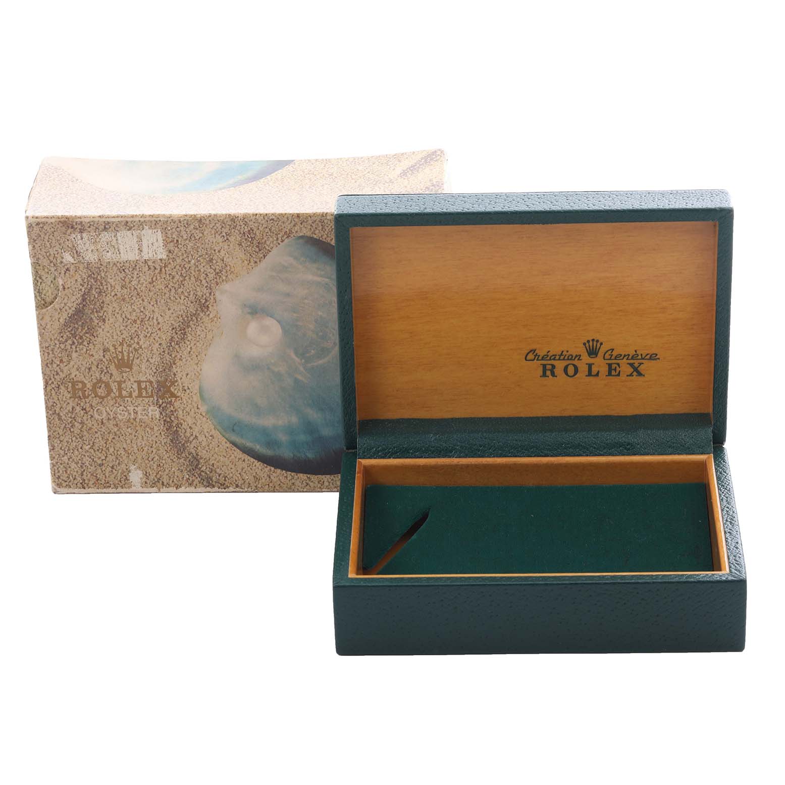 The image shows an open Rolex Turn-o-Graph watch box, displaying its interior and an outer box beside it.