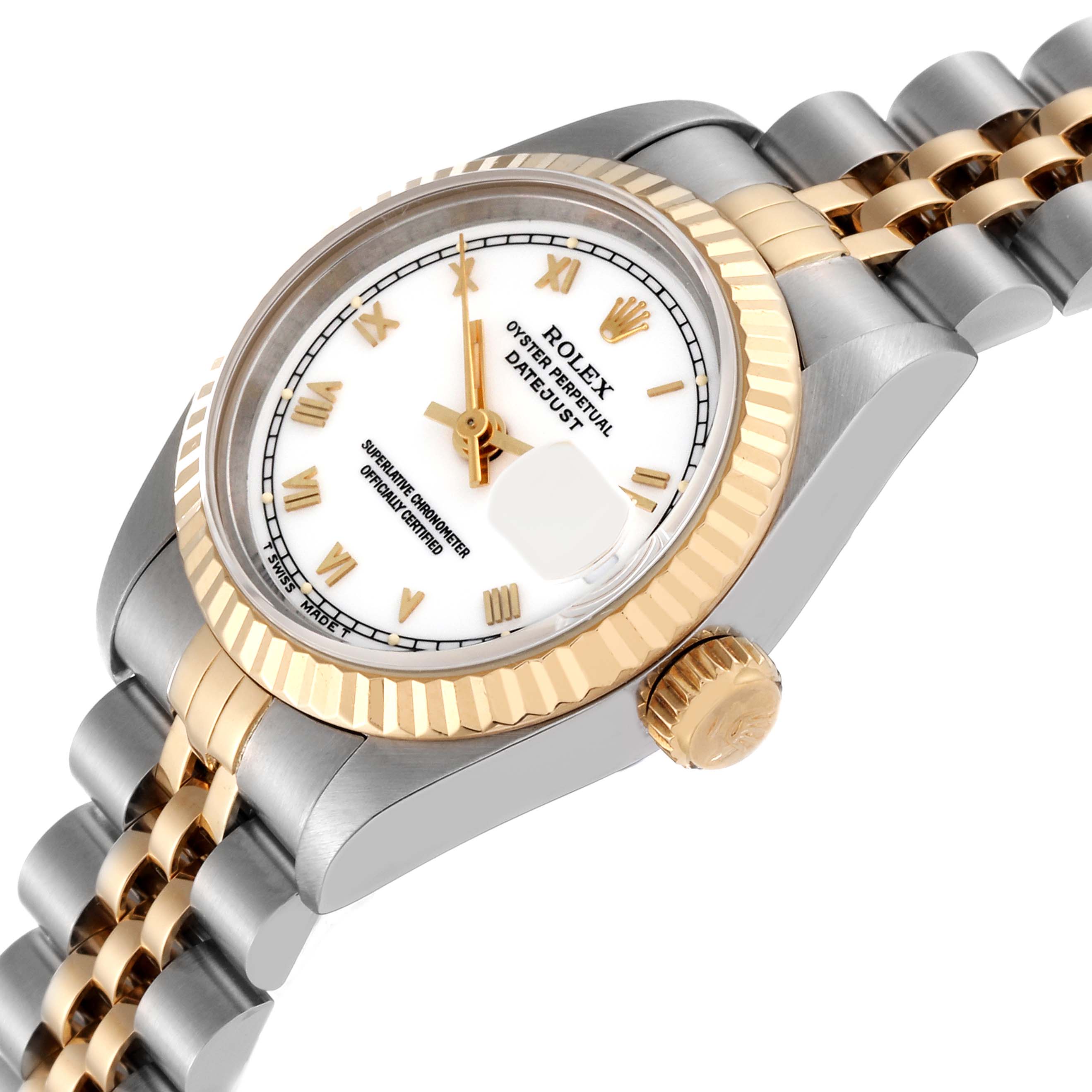 This image shows the front and side of a Rolex Datejust 69173 Women's Steel and Gold (two tone) White Dial 69173 Women's Steel and Gold (two tone) White Dial watch, highlighting the dial, crown, bezel, and bracelet.