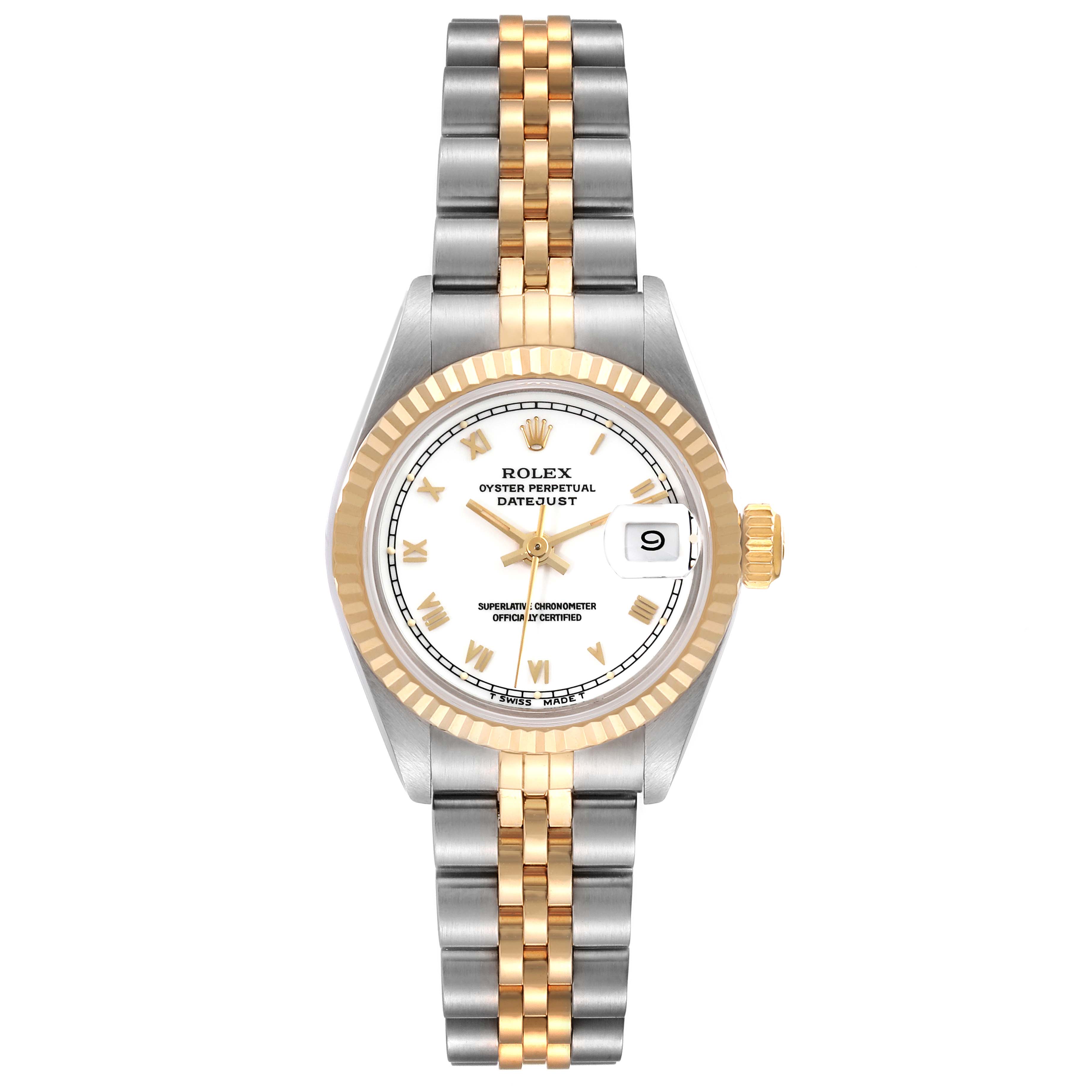 The Rolex Datejust 69173 Women's Steel and Gold (two tone) White Dial 69173 Women's Steel and Gold (two tone) White Dial watch is shown from a top-down angle, showcasing the face, bezel, and two-tone bracelet.