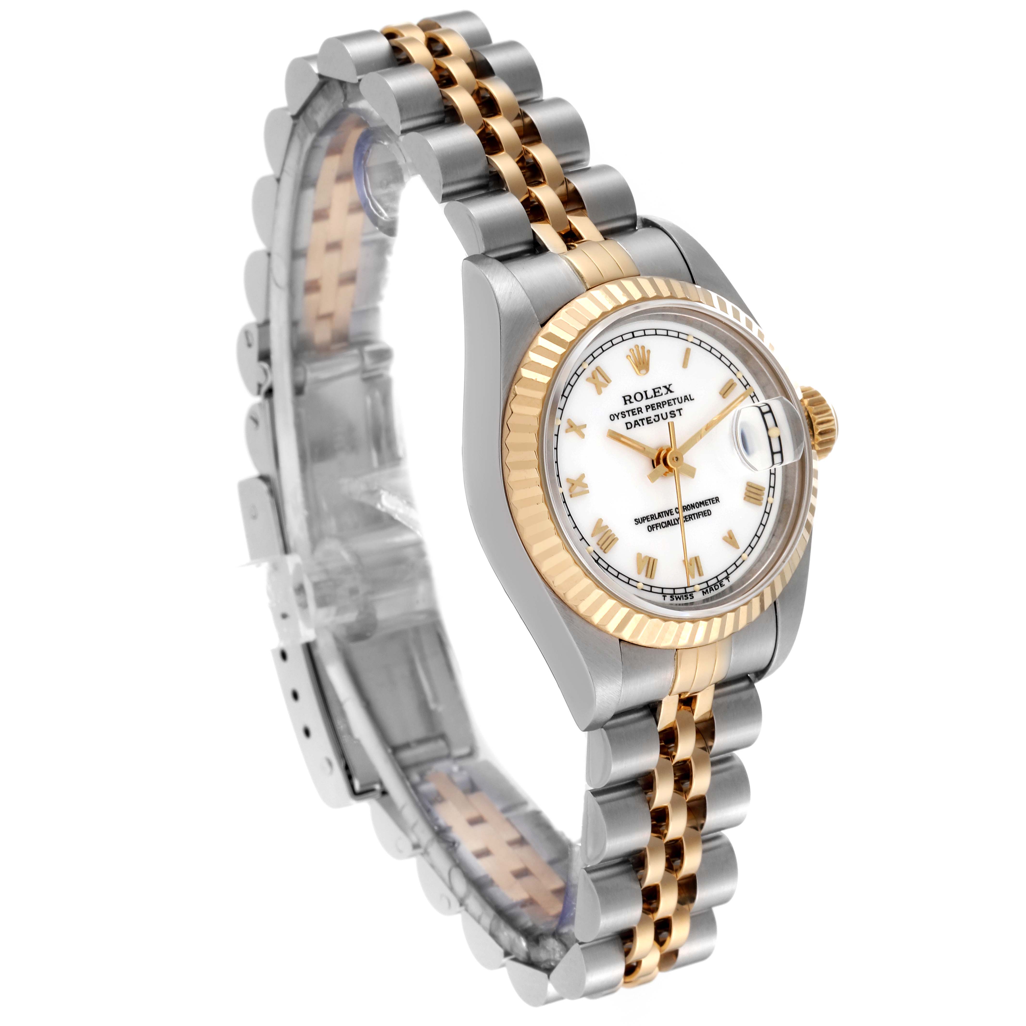 The Rolex Datejust 69173 Women's Steel and Gold (two tone) White Dial 69173 Women's Steel and Gold (two tone) White Dial watch is shown from a three-quarter angle, displaying its face, bezel, and two-tone bracelet.