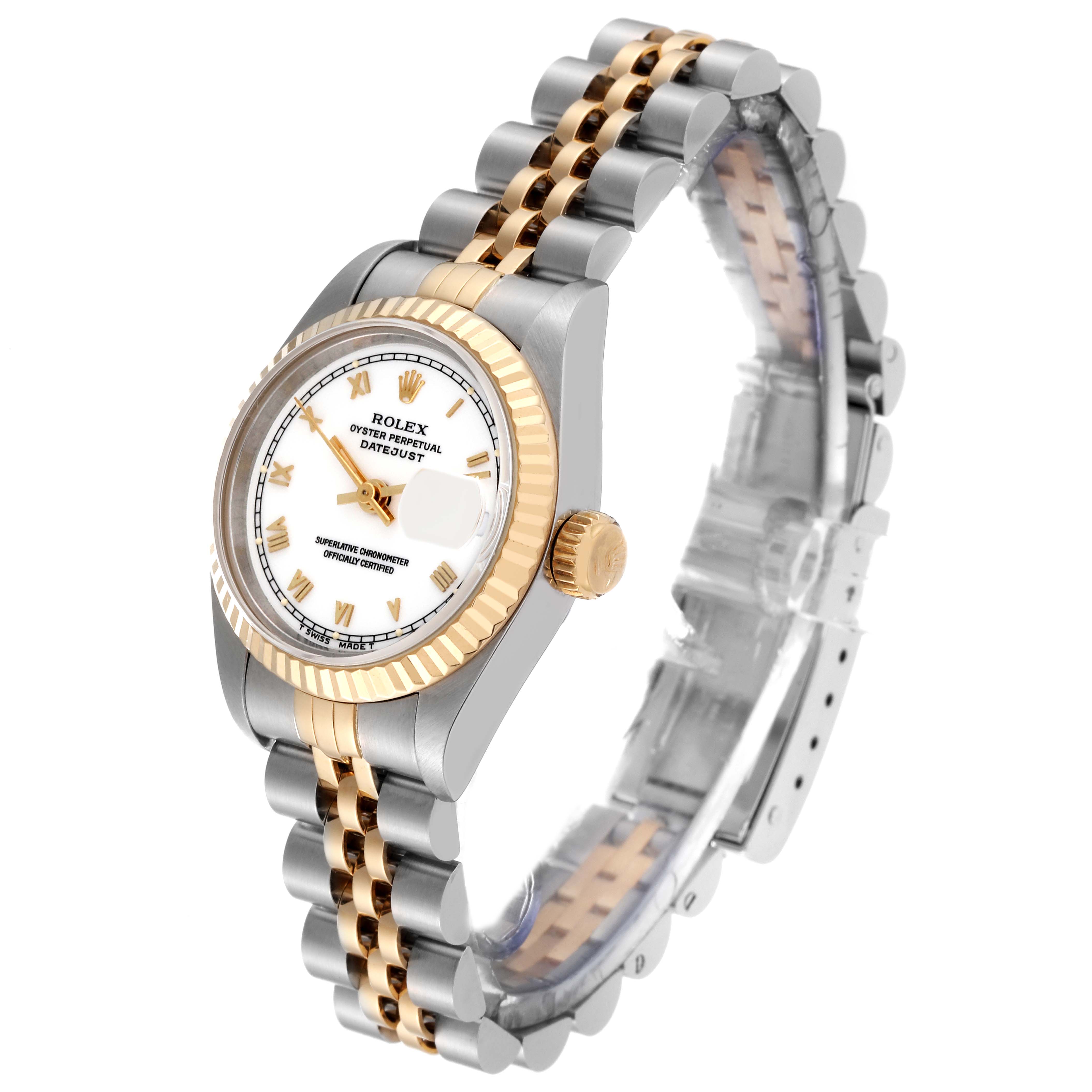 This Rolex Datejust 69173 Women's Steel and Gold (two tone) White Dial 69173 Women's Steel and Gold (two tone) White Dial watch is angled diagonally, showcasing the face, casing, crown, and a portion of the band.