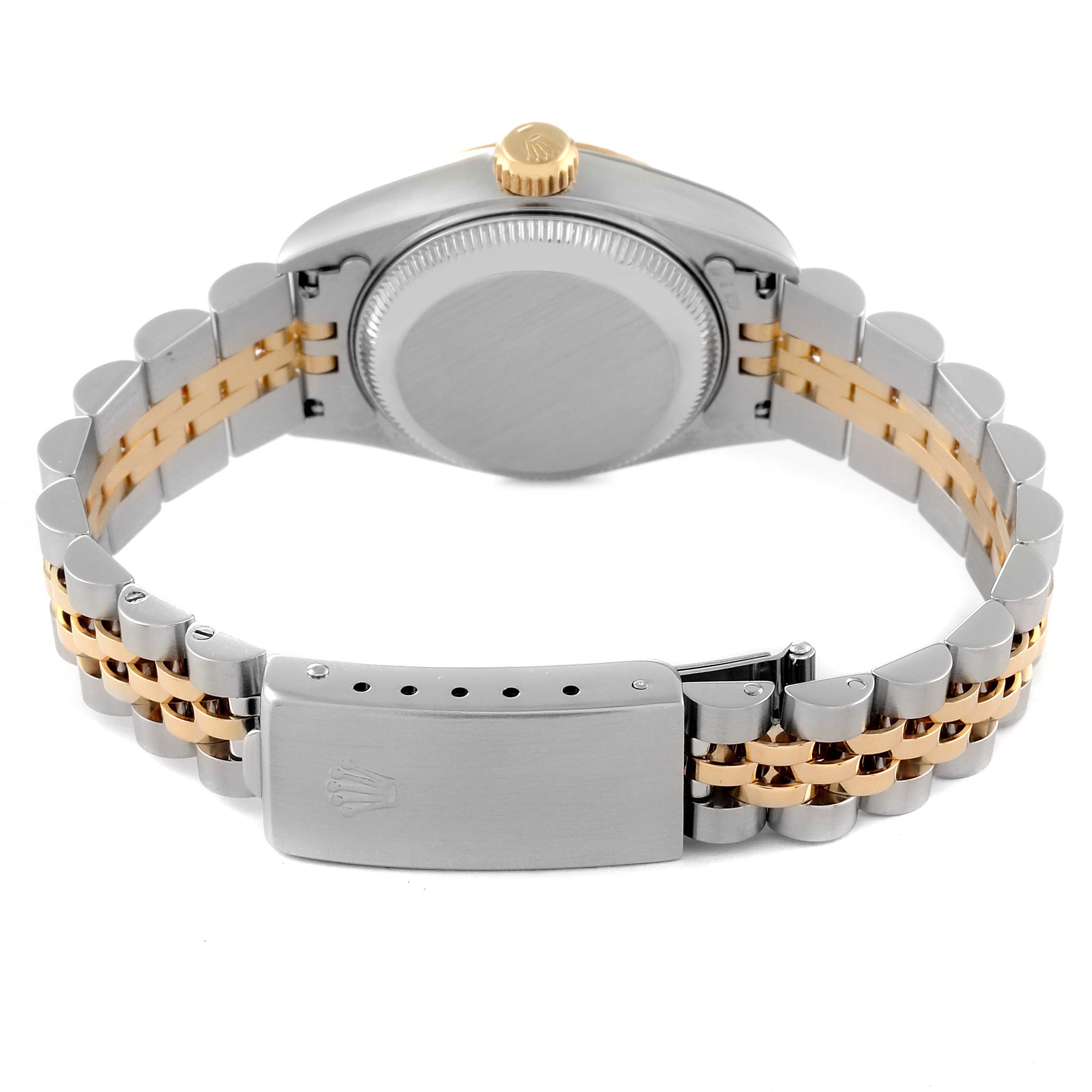 This image shows the back view of a Rolex Datejust 69173 Women's Steel and Gold (two tone) White Dial 69173 Women's Steel and Gold (two tone) White Dial watch, highlighting the case back, crown, and two-tone jubilee bracelet with the clasp.