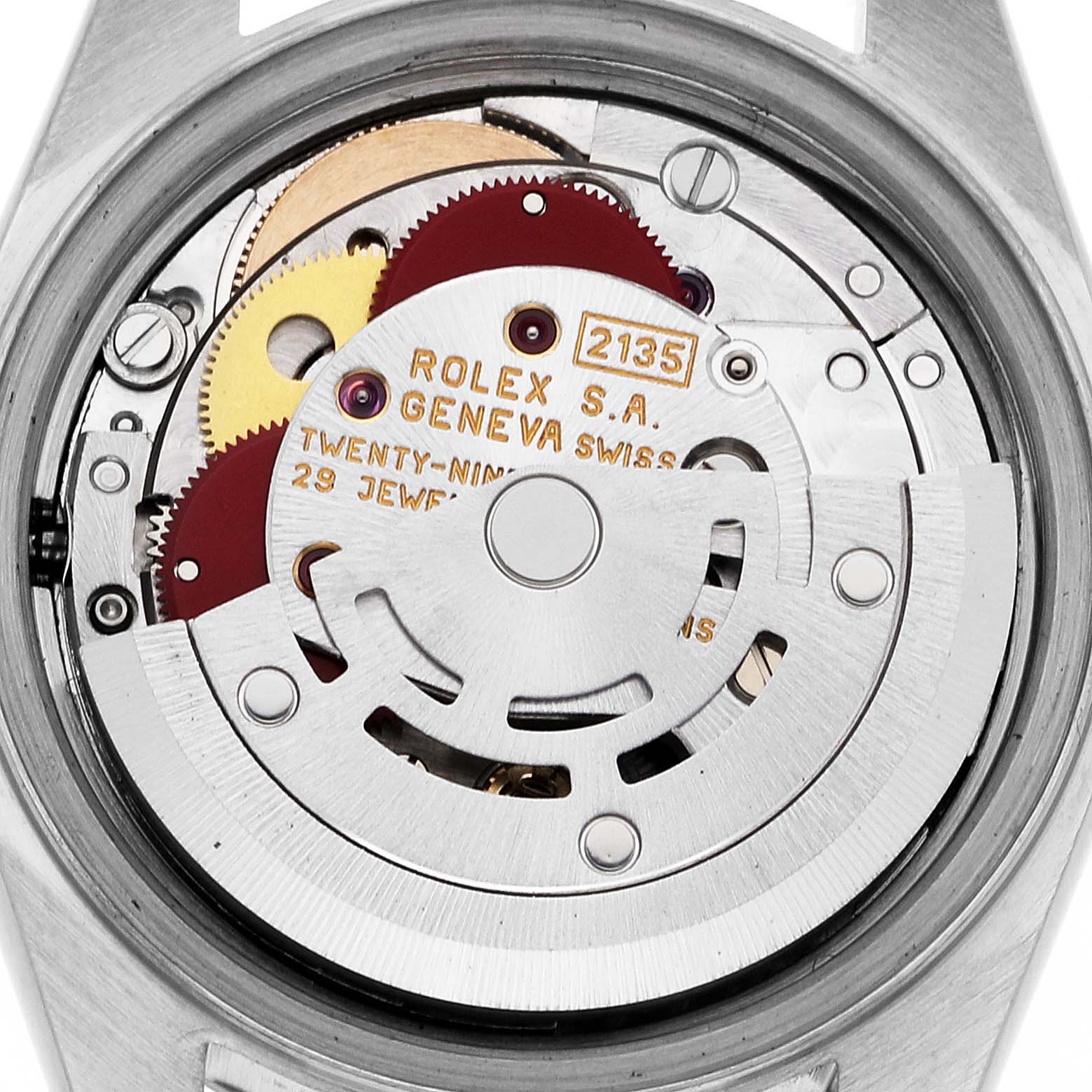 This is an image of the movement inside a Rolex Datejust 69173 Women's Steel and Gold (two tone) White Dial 69173 Women's Steel and Gold (two tone) White Dial watch, showing the intricate gears and mechanisms.