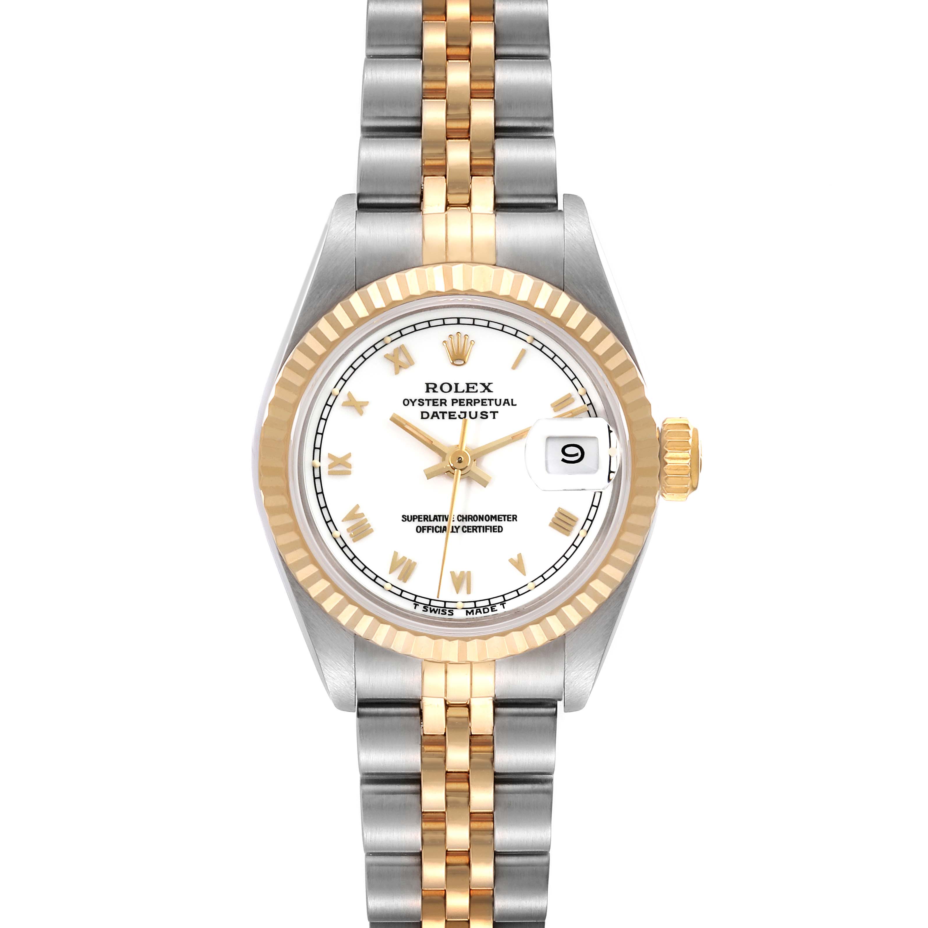 This image shows a front view of a Rolex Datejust 69173 Women's Steel and Gold (two tone) White Dial 69173 Women's Steel and Gold (two tone) White Dial watch with a two-tone bracelet and fluted bezel.