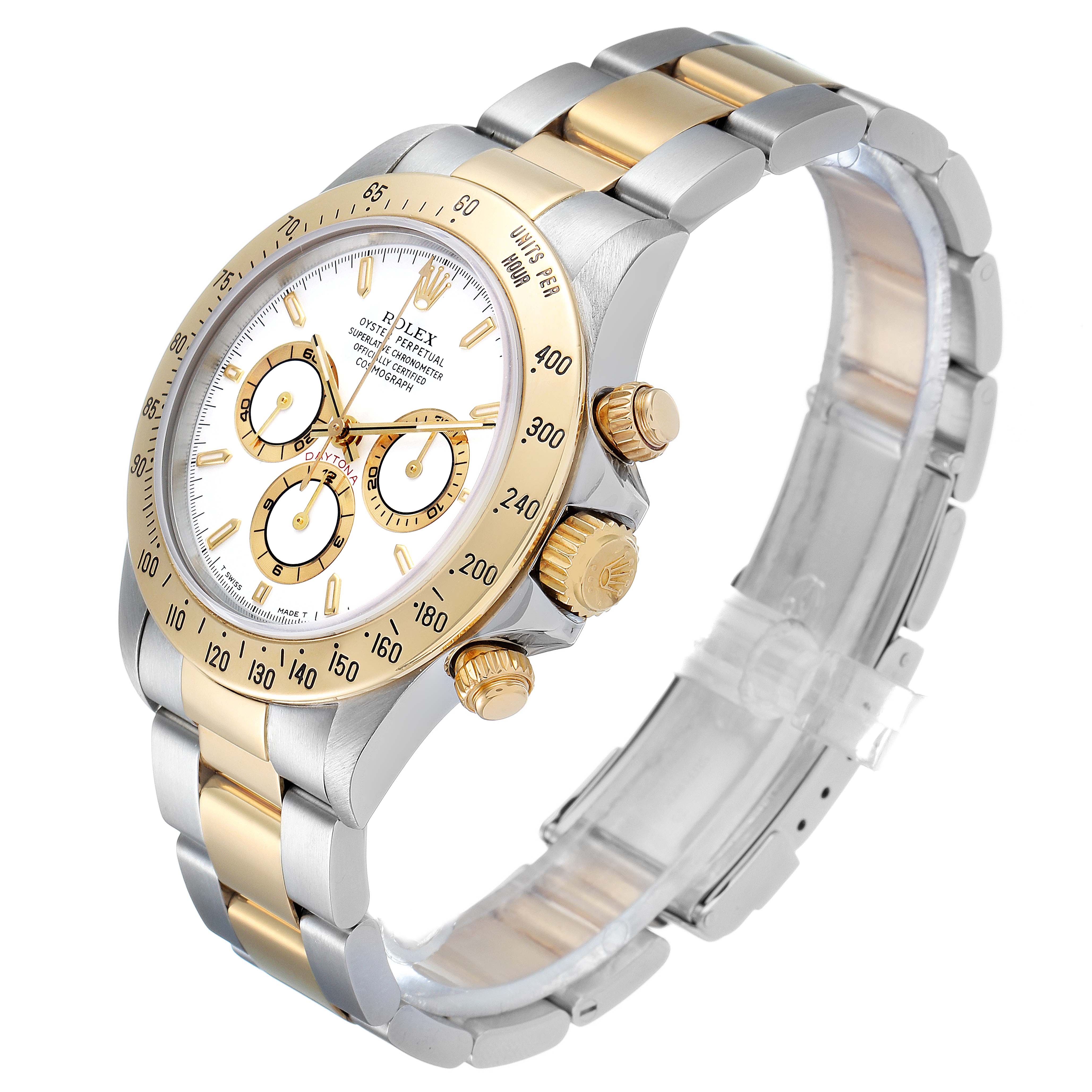 The image shows a Rolex Daytona 16523 Men's Steel and Gold (two tone) White Dial 16523 Men's Steel and Gold (two tone) White Dial watch from a front angle, highlighting the bezel, dial, crown, pushers, and bracelet.