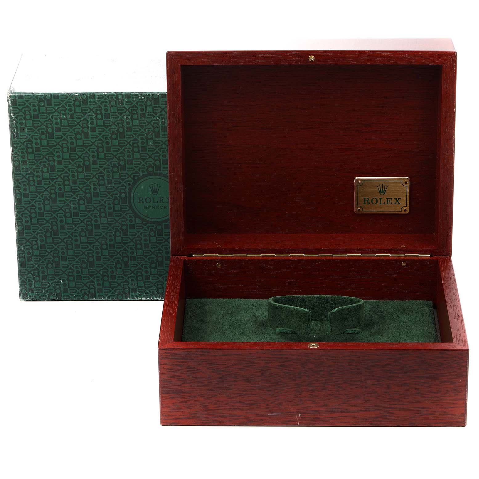 This image shows an open wooden box with a green velvet interior from Rolex, possibly for a Daytona model watch.