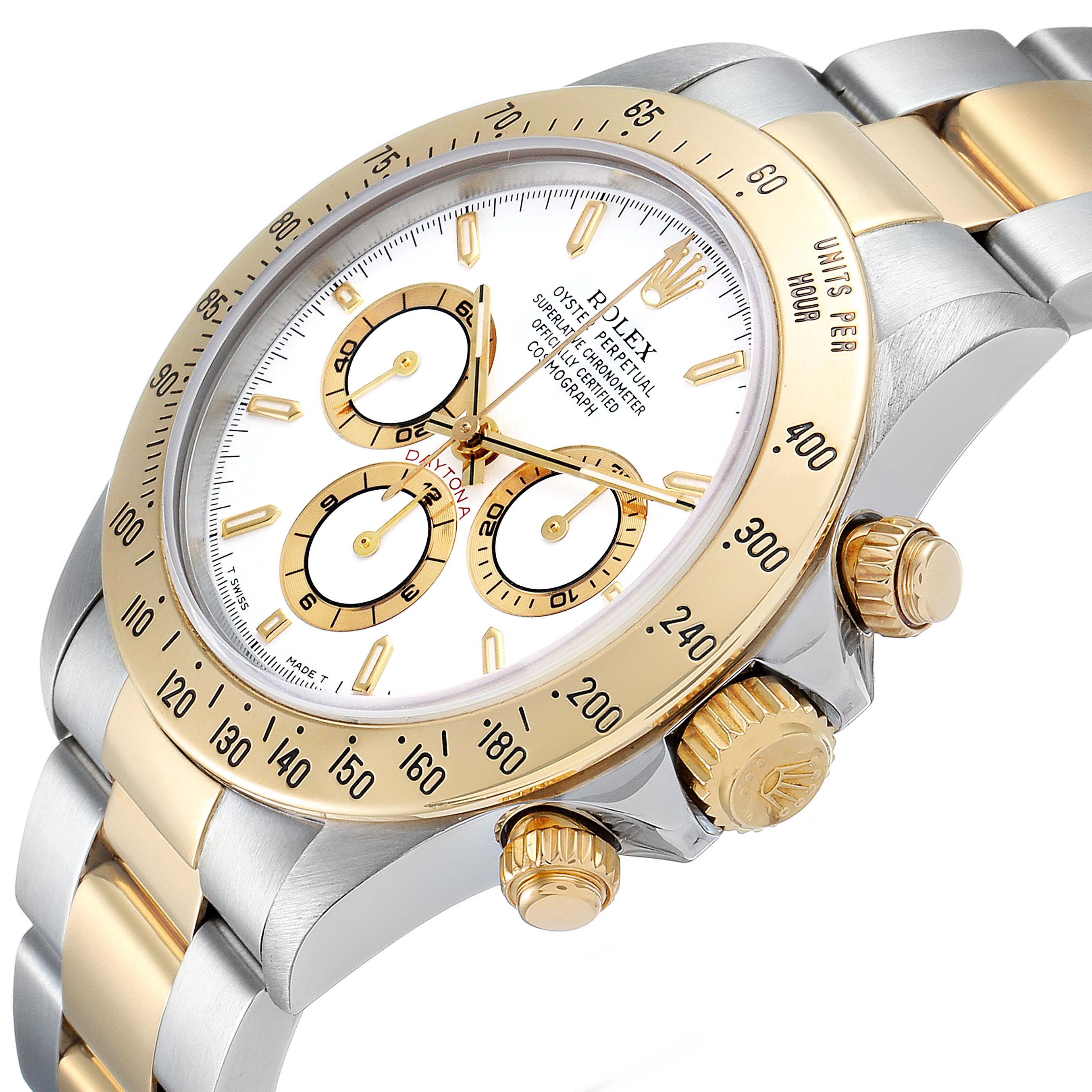 The Rolex Daytona 16523 Men's Steel and Gold (two tone) White Dial 16523 Men's Steel and Gold (two tone) White Dial watch is shown at an oblique angle, featuring its bezel, crown, pushers, and part of the bracelet.
