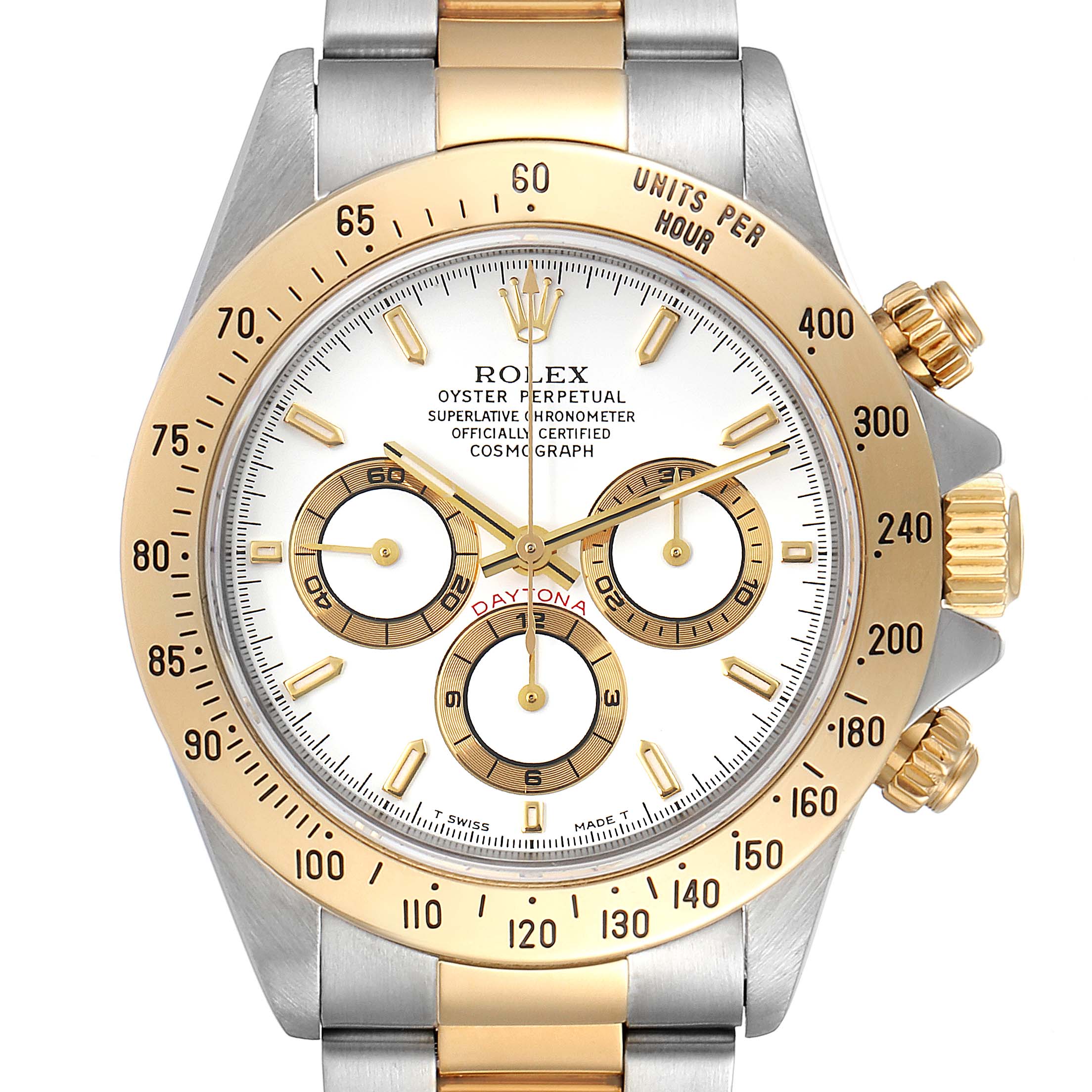 This image shows a front view of the Rolex Daytona 16523 Men's Steel and Gold (two tone) White Dial 16523 Men's Steel and Gold (two tone) White Dial watch, displaying the dial, subdials, bezel, and crown.