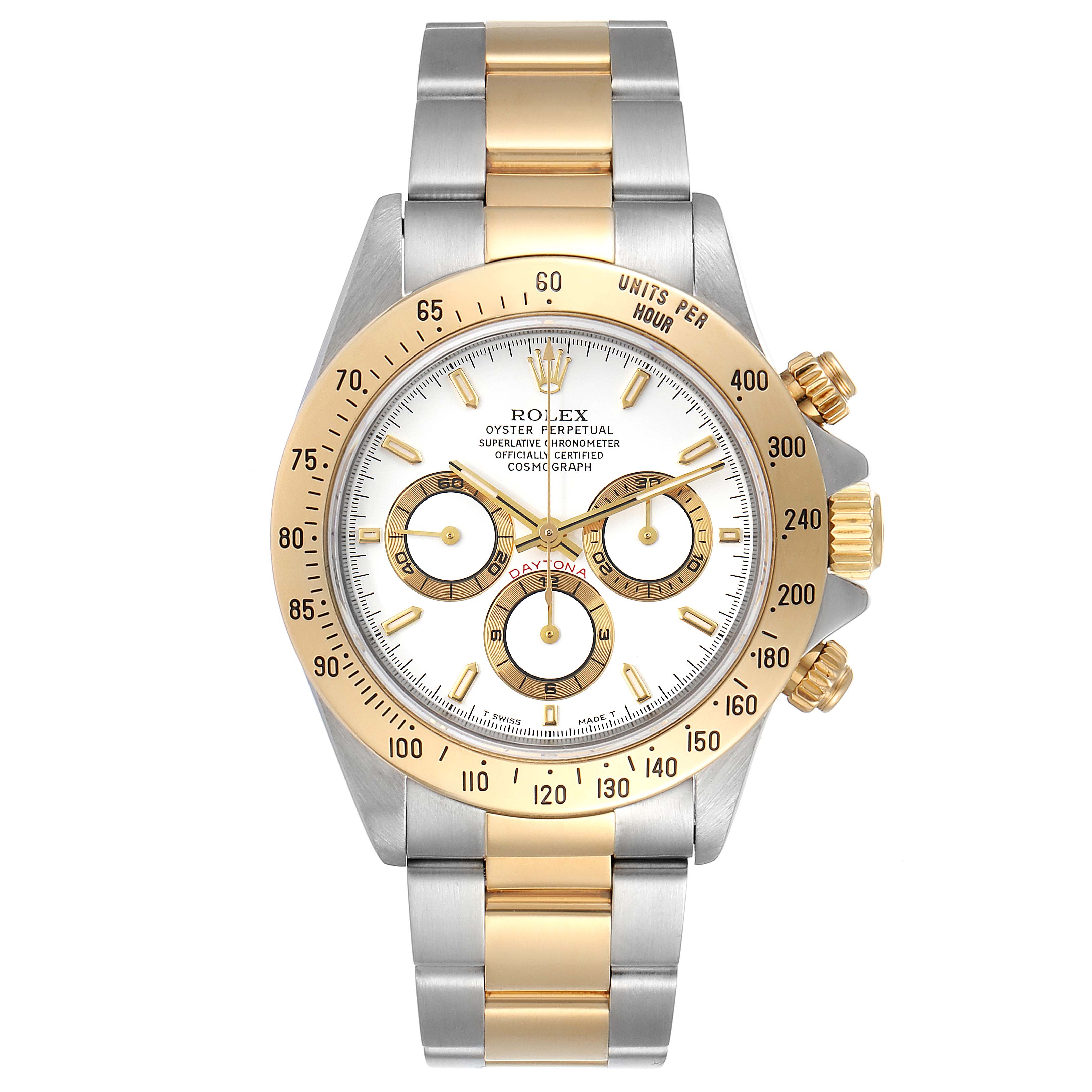 The image shows a Rolex Daytona 16523 Men's Steel and Gold (two tone) White Dial 16523 Men's Steel and Gold (two tone) White Dial watch from a front view, highlighting its two-tone bracelet, gold bezel, and chronograph features.