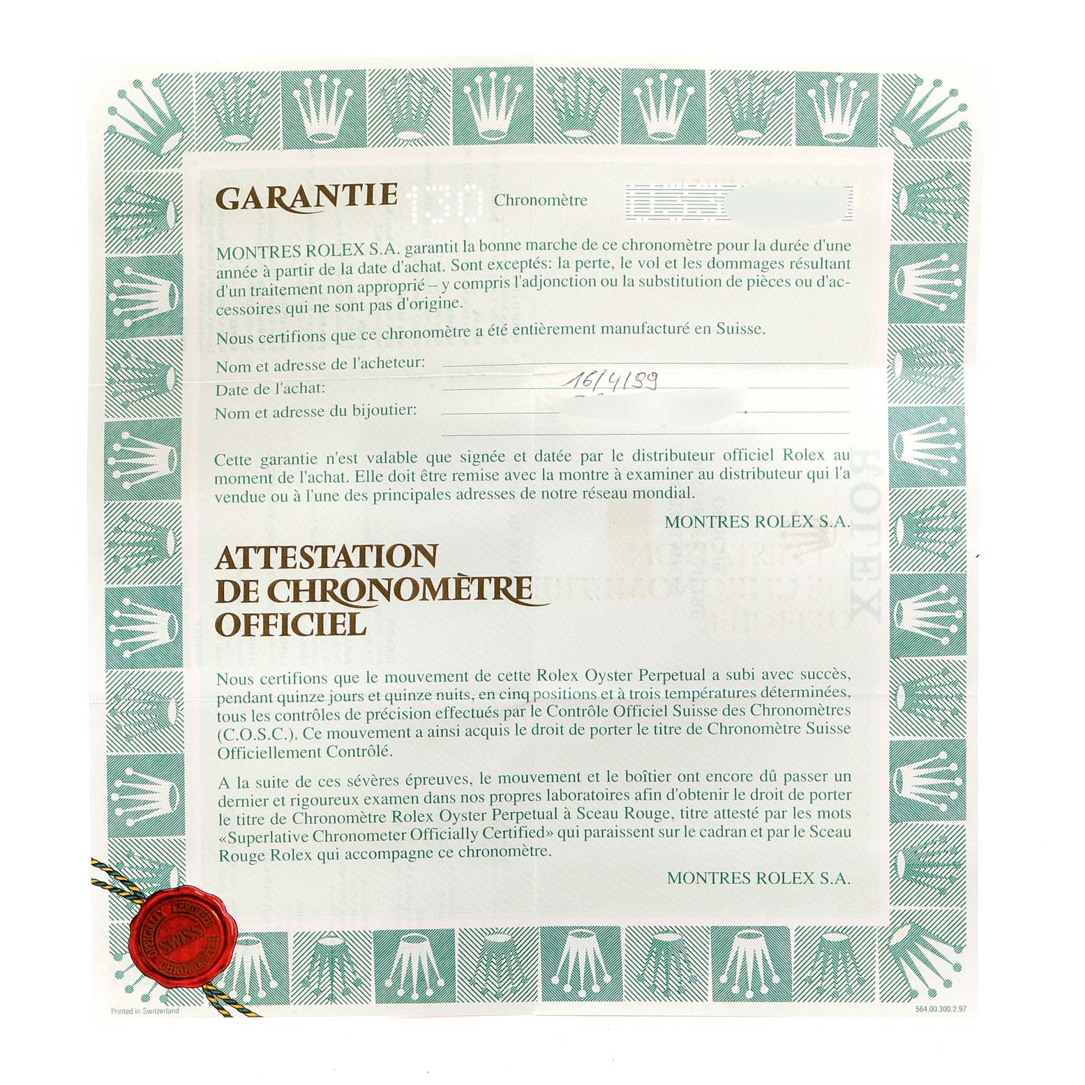 The image shows the warranty certificate and chronometer certification document for the Rolex Daytona 16523 Men
s Steel and Gold (two tone) White Dial 16523 Men
s Steel and Gold (two tone) White Dial model.