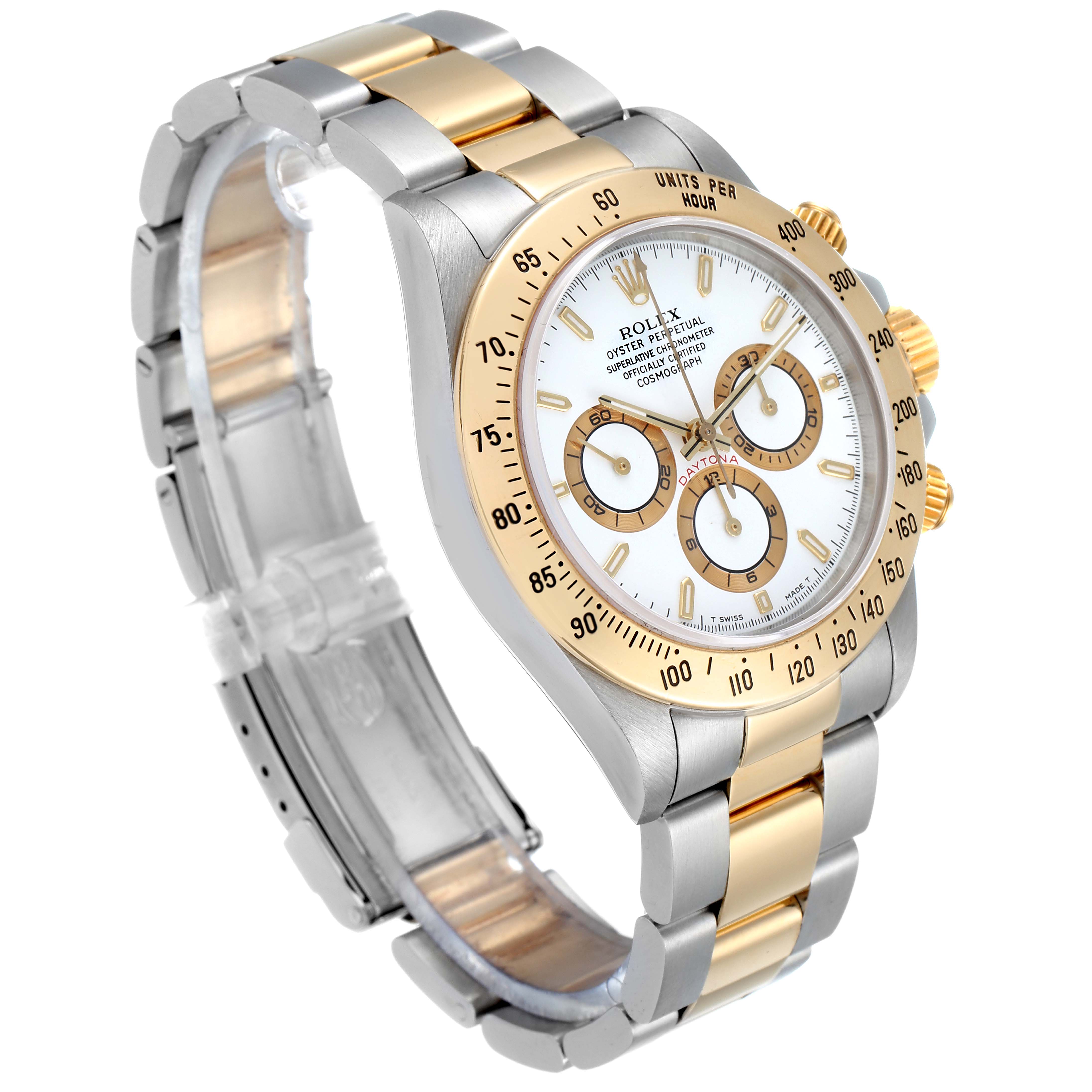 This image shows a side angle of the Rolex Daytona 16523 Men
s Steel and Gold (two tone) White Dial 16523 Men
s Steel and Gold (two tone) White Dial watch, highlighting its gold and stainless steel bracelet and bezel.