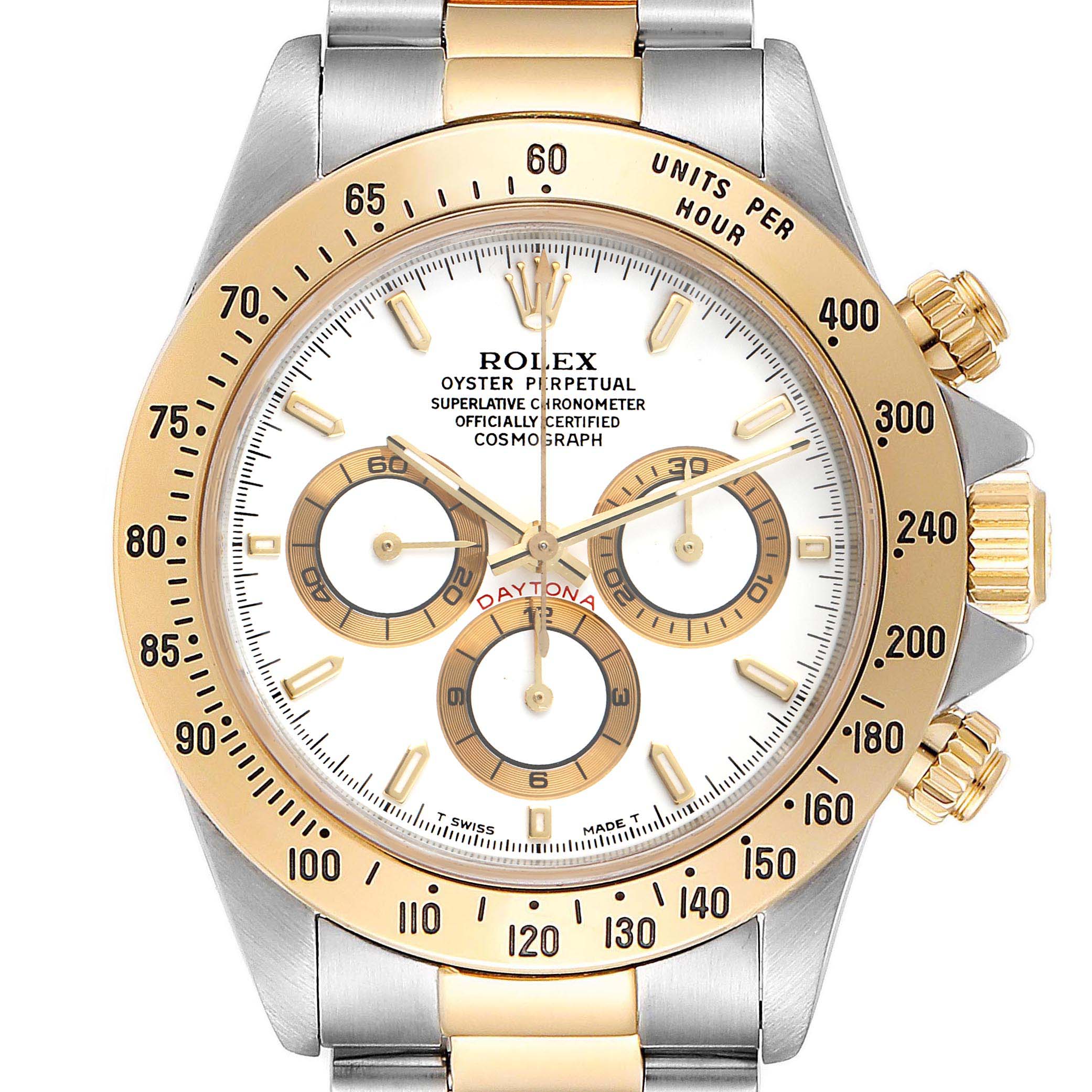 The image shows a front view of the Rolex Daytona 16523 Men
s Steel and Gold (two tone) White Dial 16523 Men
s Steel and Gold (two tone) White Dial watch, highlighting its dial, bezel, and part of the bracelet.