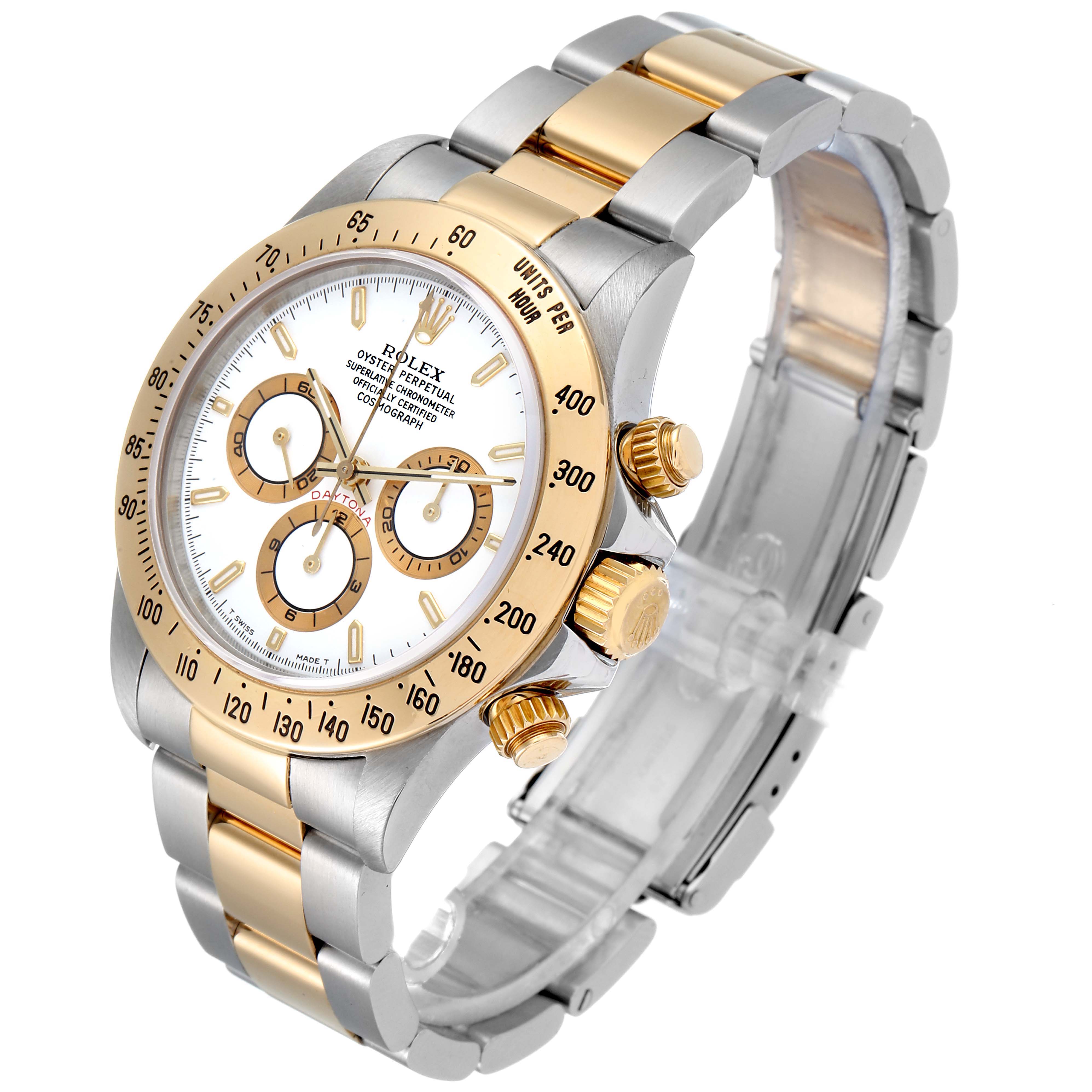 The Rolex Daytona 16523 Men
s Steel and Gold (two tone) White Dial 16523 Men
s Steel and Gold (two tone) White Dial watch is shown at an angle displaying the face, bezel, crown, subdials, and two-tone bracelet.