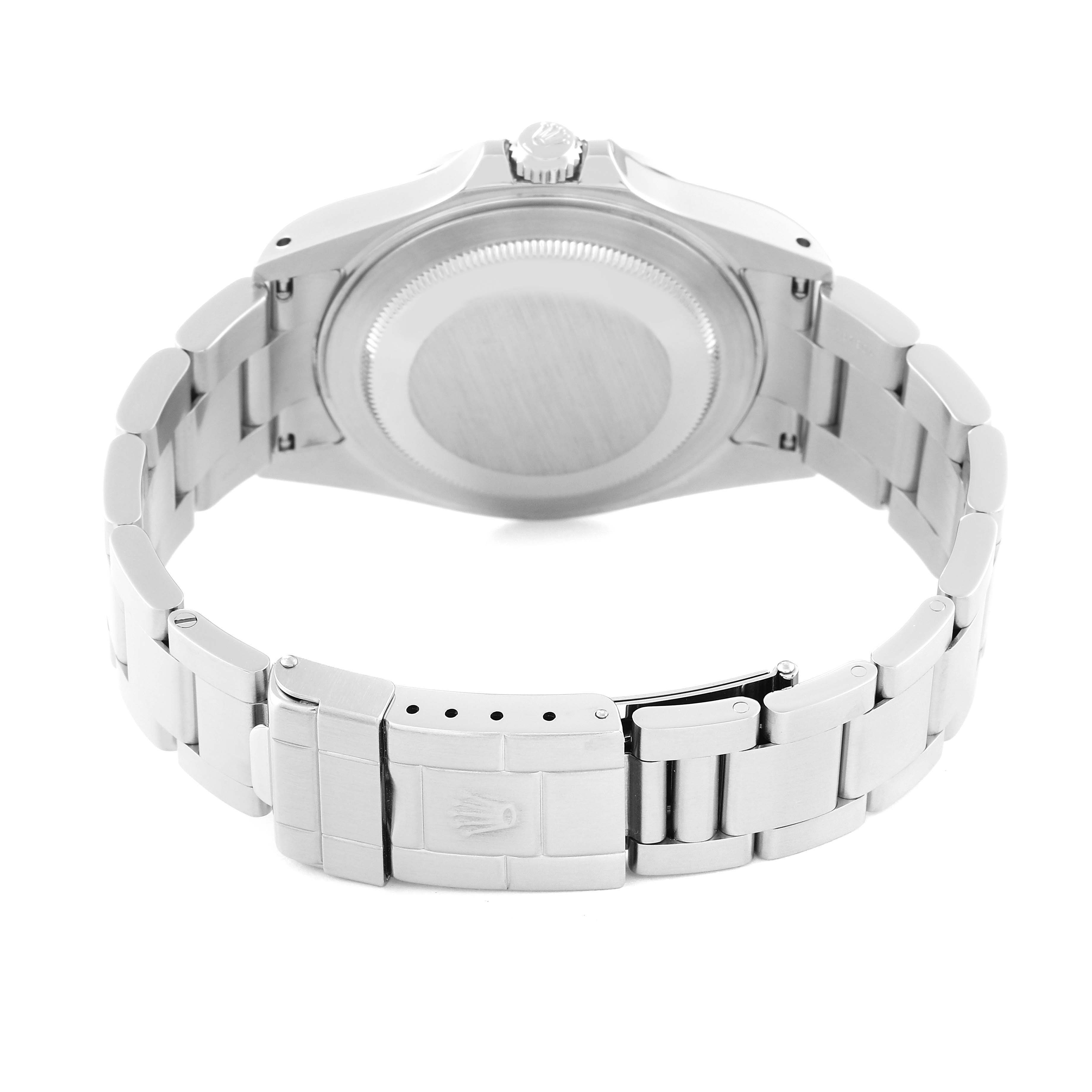 The image shows the back and clasp of a Rolex Explorer 16570 Men's Stainless Steel White Dial 16570 Men's Stainless Steel White Dial watch, focusing on the bracelet and case back.