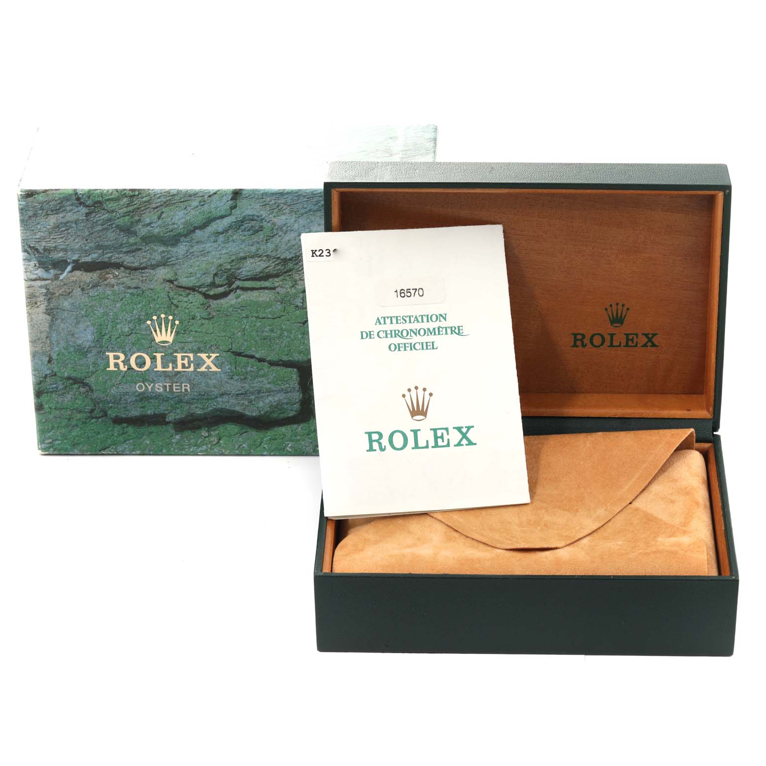 The image shows the box, pouch, and certification papers for the Rolex Explorer 16570 Men's Stainless Steel White Dial 16570 Men's Stainless Steel White Dial watch model.