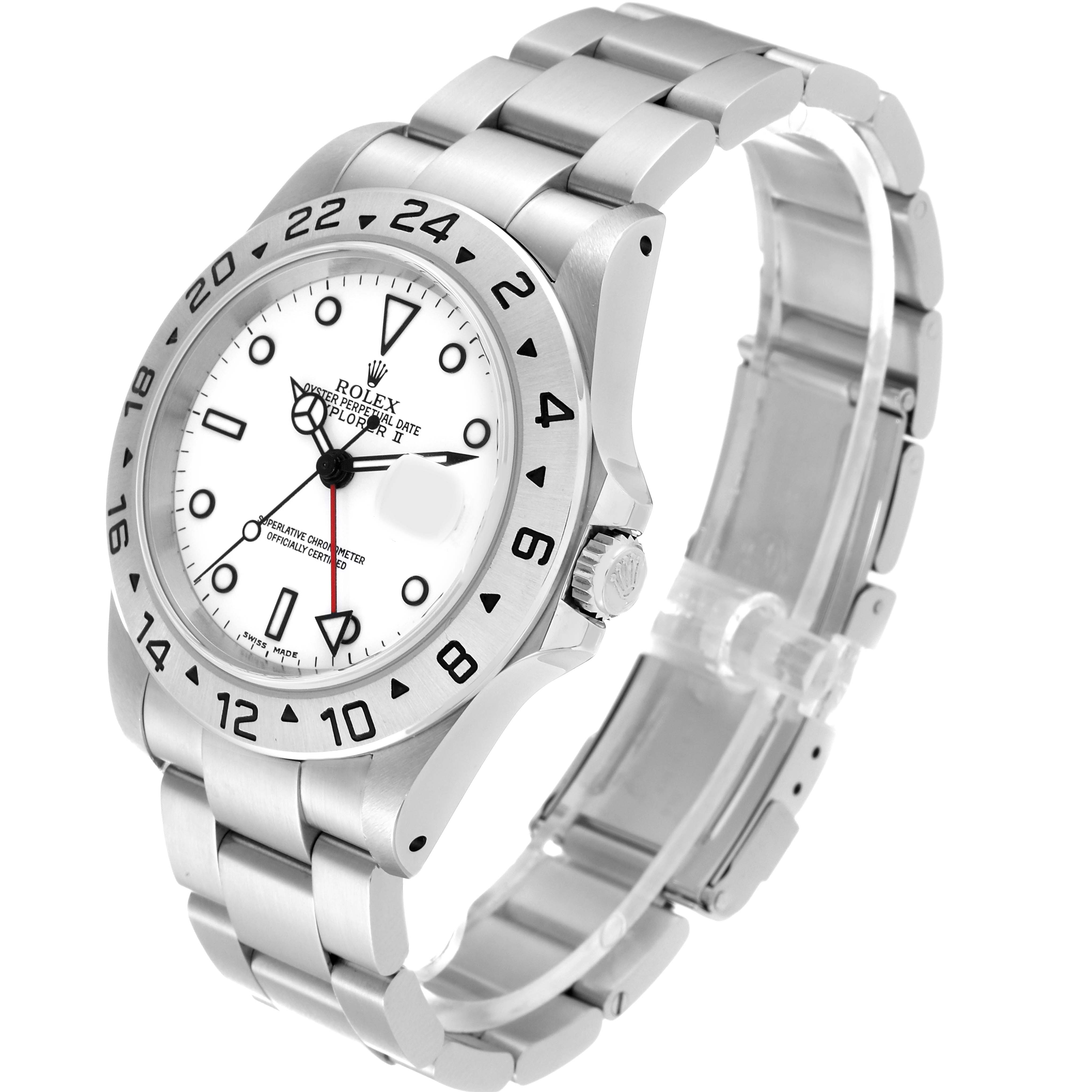 The image shows a Rolex Explorer 16570 Men's Stainless Steel White Dial 16570 Men's Stainless Steel White Dial watch from a three-quarter angle, highlighting its face, bezel, and bracelet.