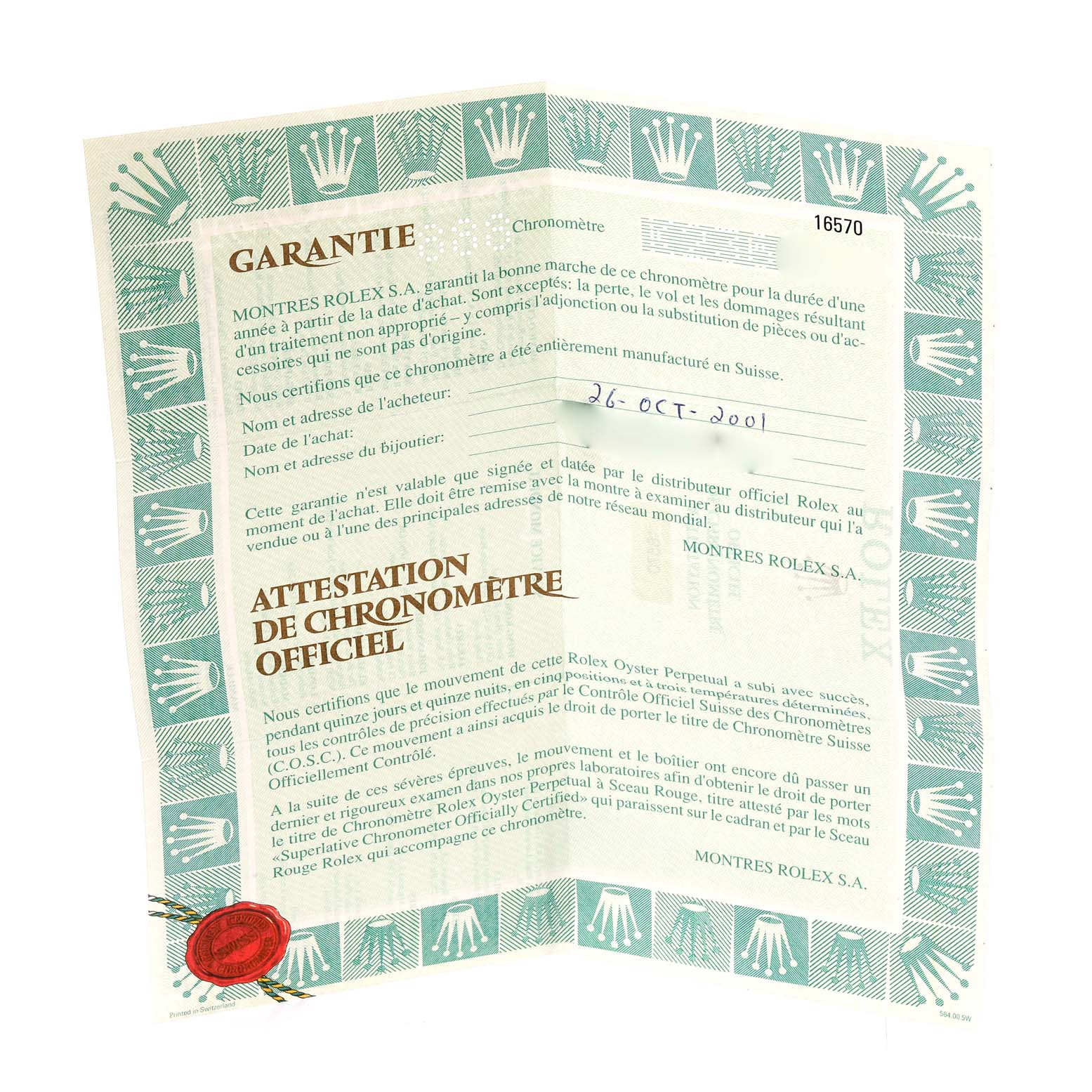 This image shows the guarantee and chronometer certification papers for a Rolex Explorer 16570 Men's Stainless Steel White Dial 16570 Men's Stainless Steel White Dial.