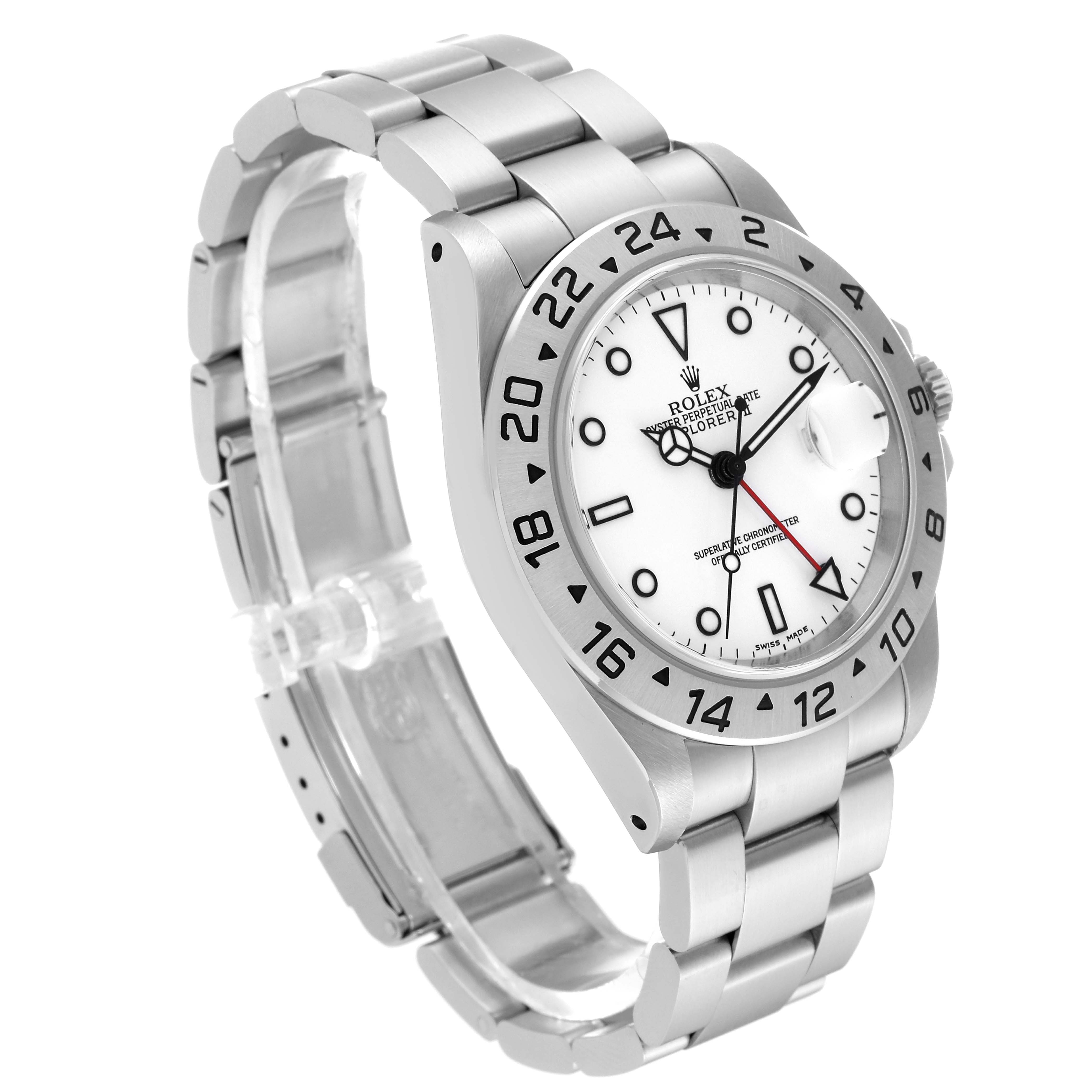 The Rolex Explorer 16570 Men's Stainless Steel White Dial 16570 Men's Stainless Steel White Dial watch is shown at a slight angle, highlighting the face, bezel, bracelet, and crown.