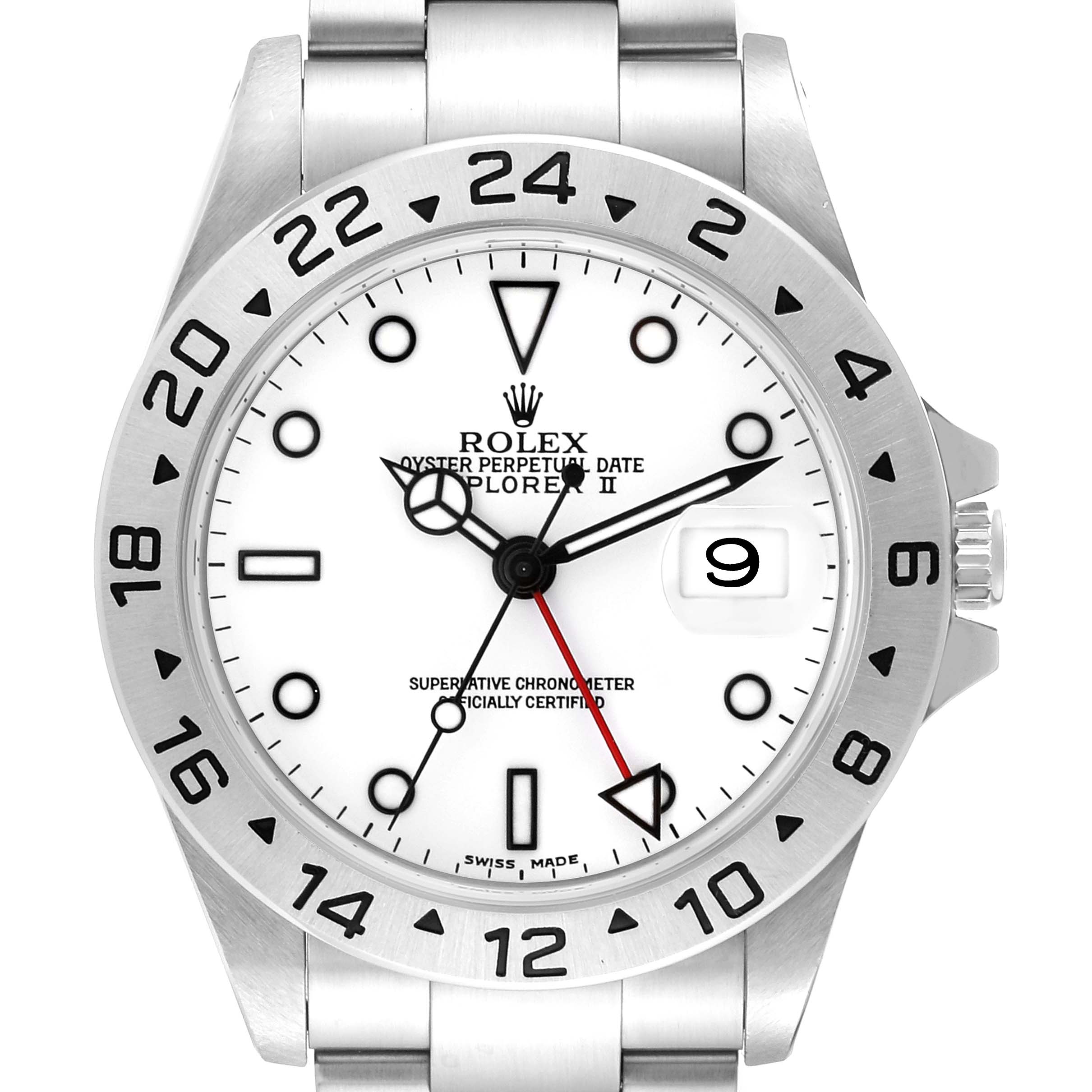 The image shows a front view of the Rolex Explorer 16570 Men's Stainless Steel White Dial 16570 Men's Stainless Steel White Dial watch, displaying the face, bezel, and part of the bracelet.