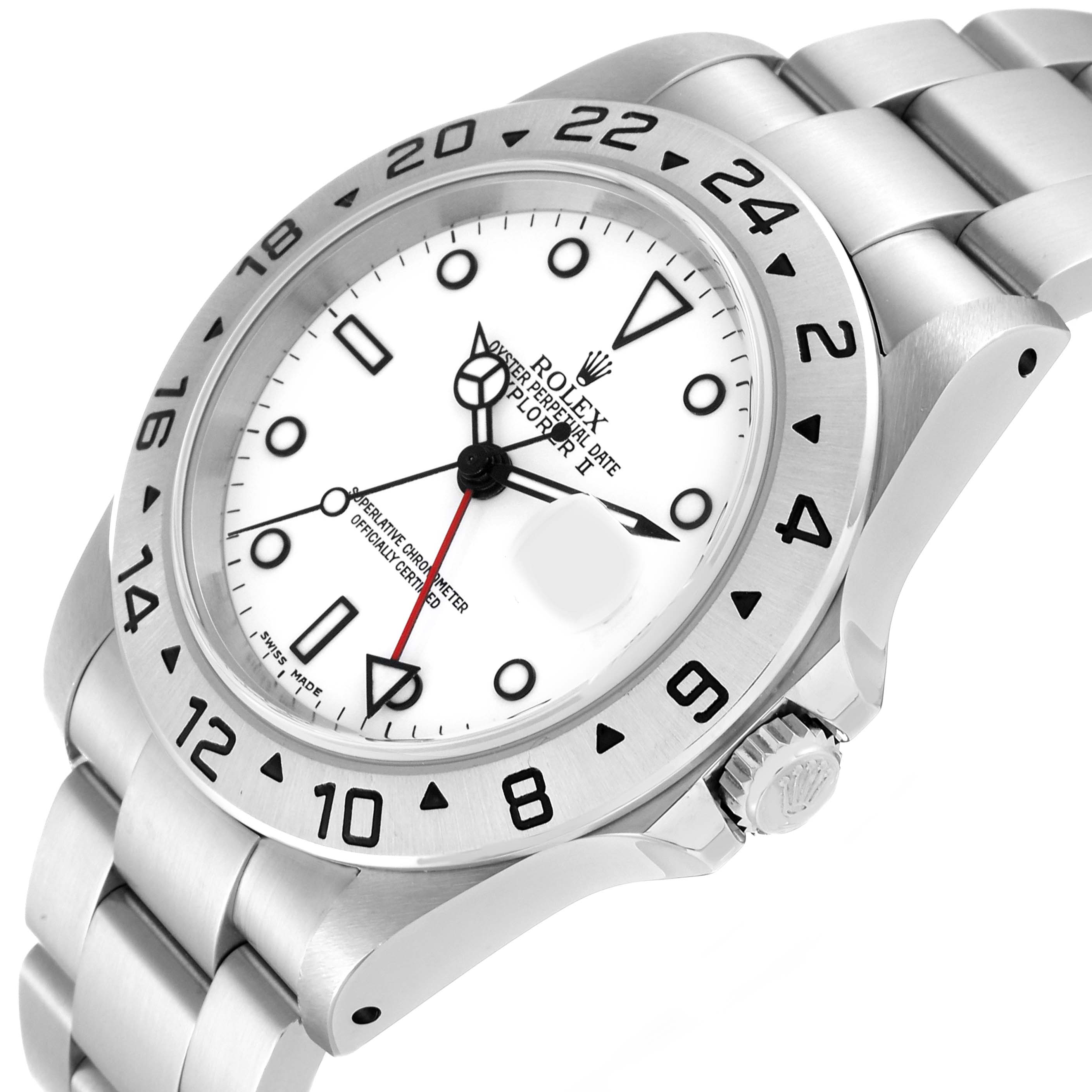 The image shows a side-angle view of a Rolex Explorer 16570 Men's Stainless Steel White Dial 16570 Men's Stainless Steel White Dial with a white dial and stainless steel bracelet.