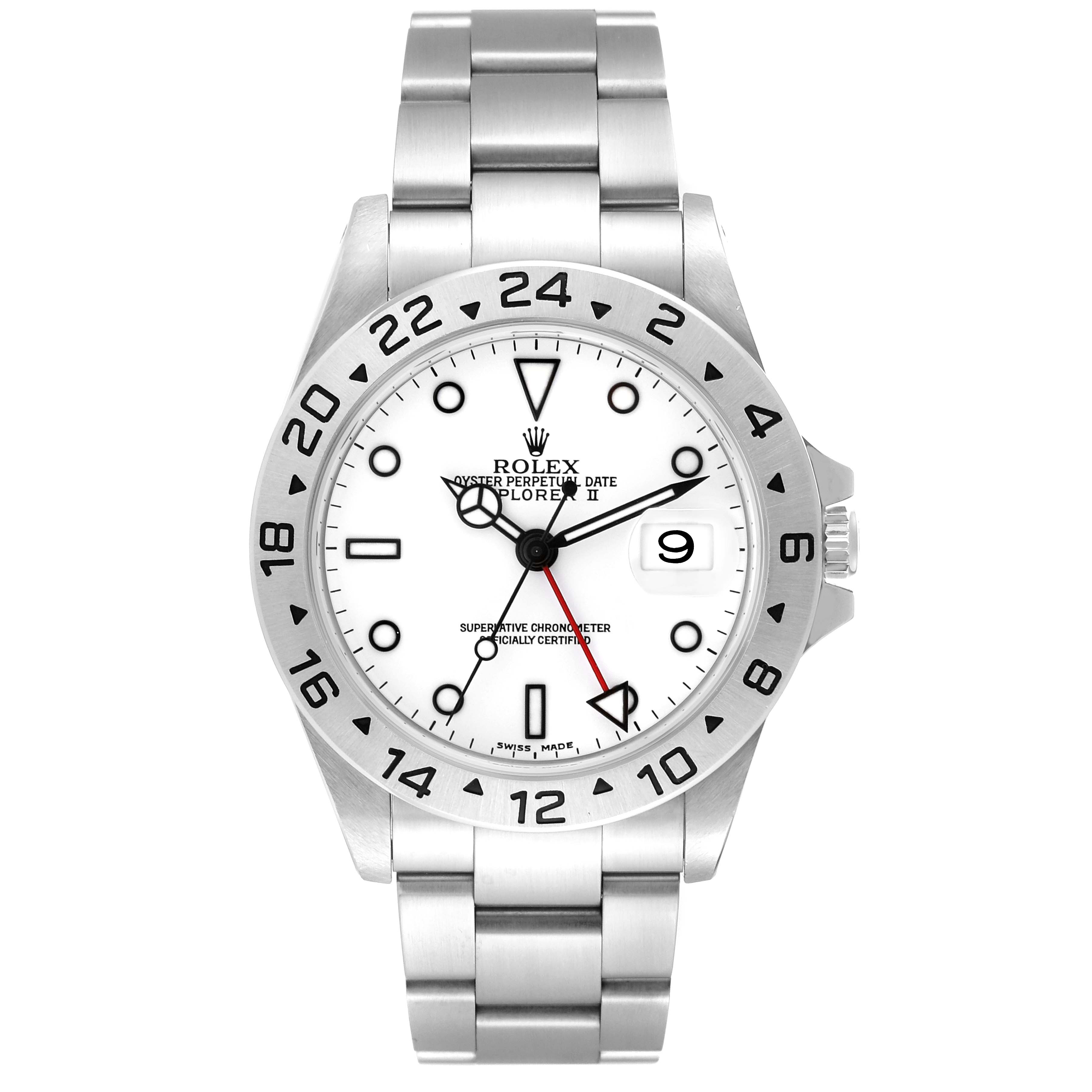 The image shows a front view of the Rolex Explorer 16570 Men's Stainless Steel White Dial 16570 Men's Stainless Steel White Dial watch displaying the dial, bezel, and part of the bracelet.