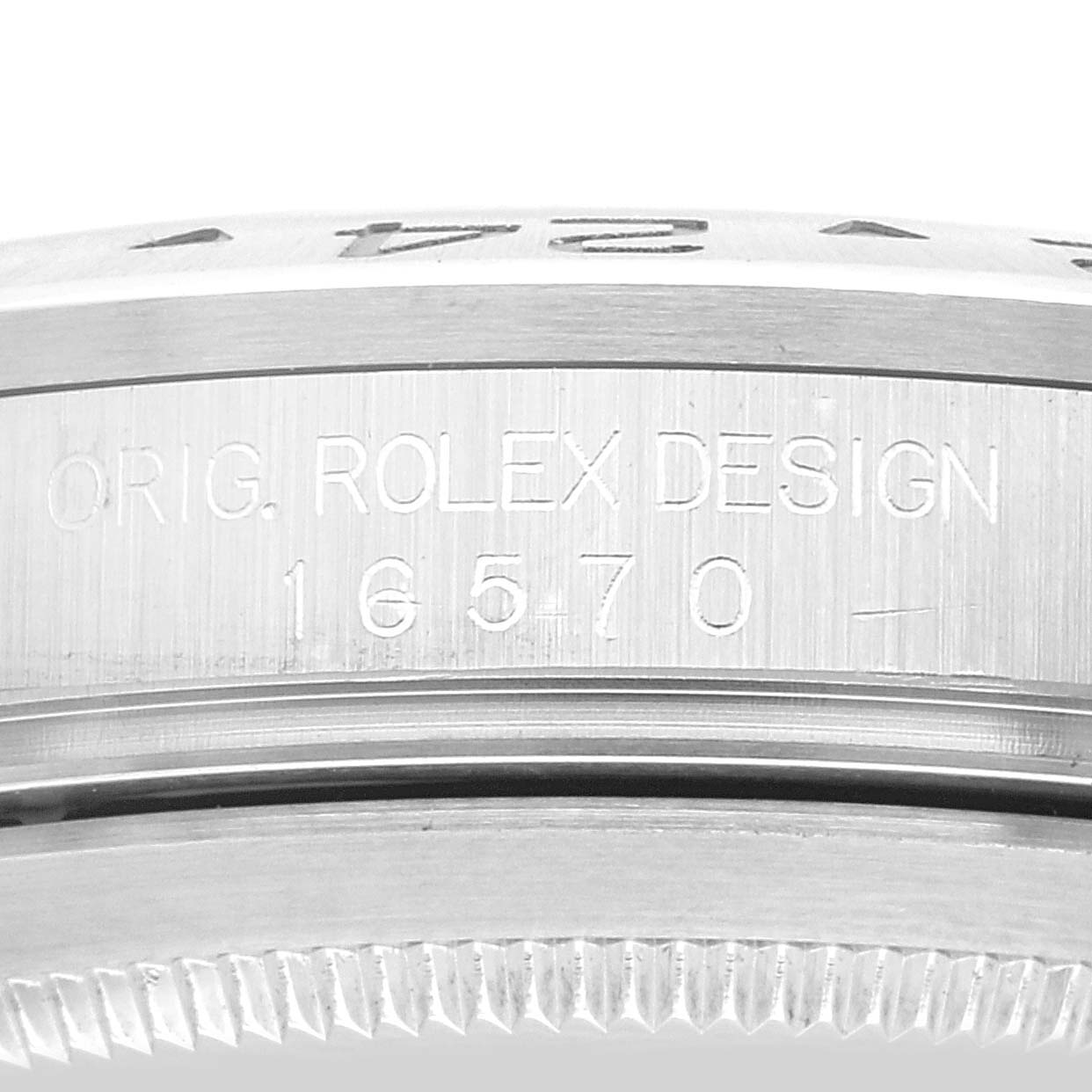 The close-up image showcases the side view of the case, bezel, and serial number of a Rolex Explorer 16570 Men's Stainless Steel White Dial 16570 Men's Stainless Steel White Dial model 16570.