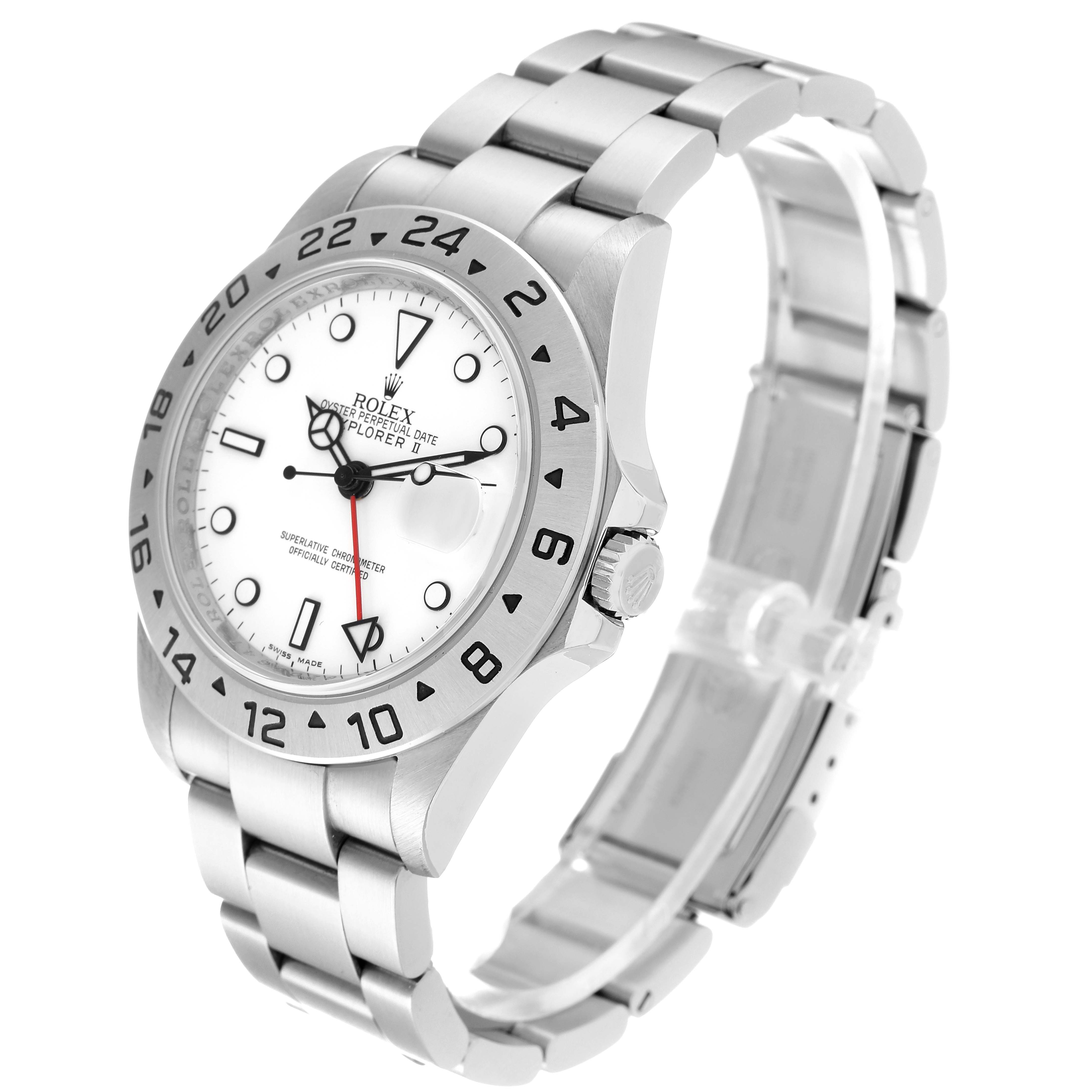 This image shows an angled view of the Rolex Explorer 16570 Men
s Stainless Steel White Dial 16570 Men
s Stainless Steel White Dial model, featuring its bracelet, bezel, crown, and white dial.