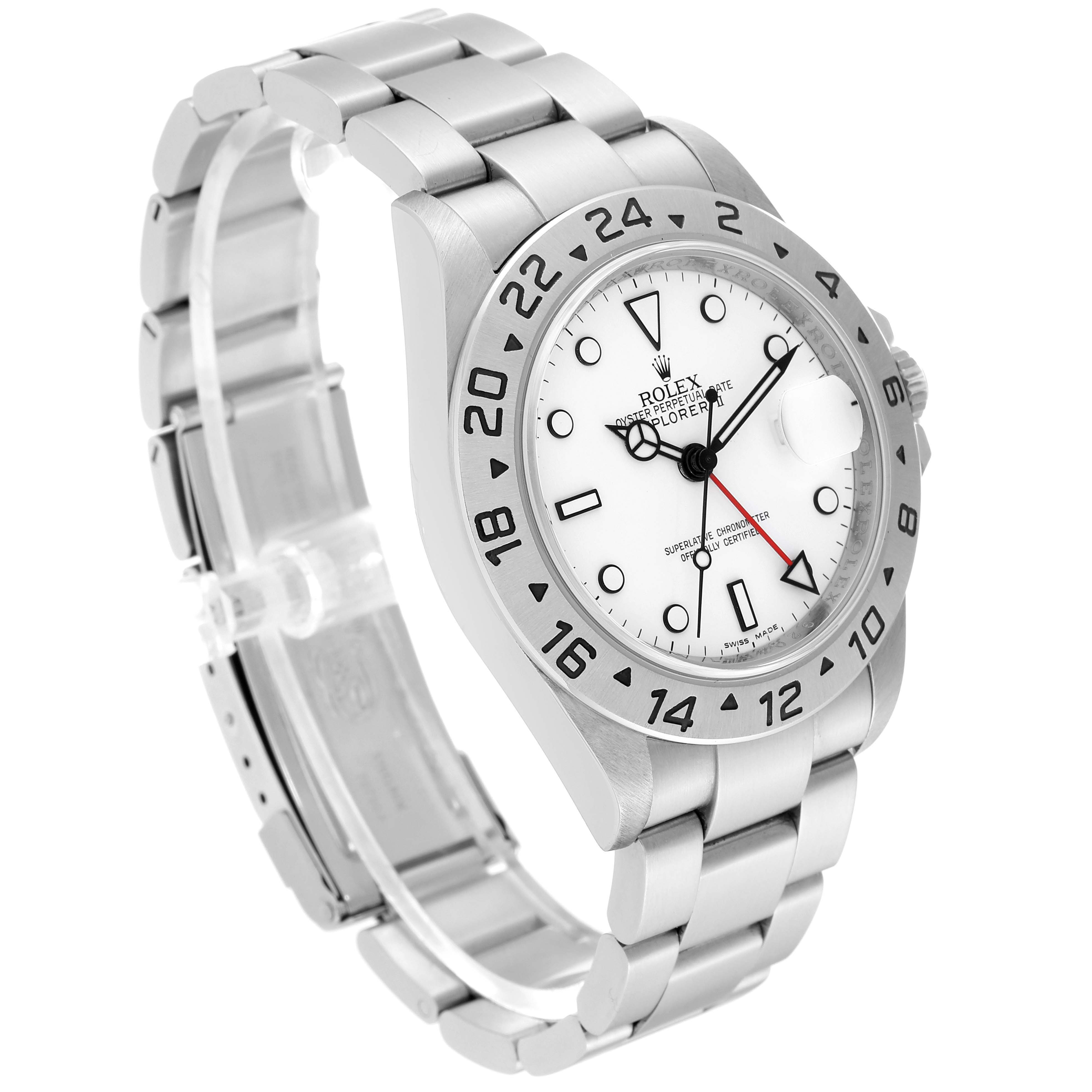 The image shows a Rolex Explorer 16570 Men
s Stainless Steel White Dial 16570 Men
s Stainless Steel White Dial watch at a three-quarter angle, displaying the white dial, bezel, and stainless steel bracelet.