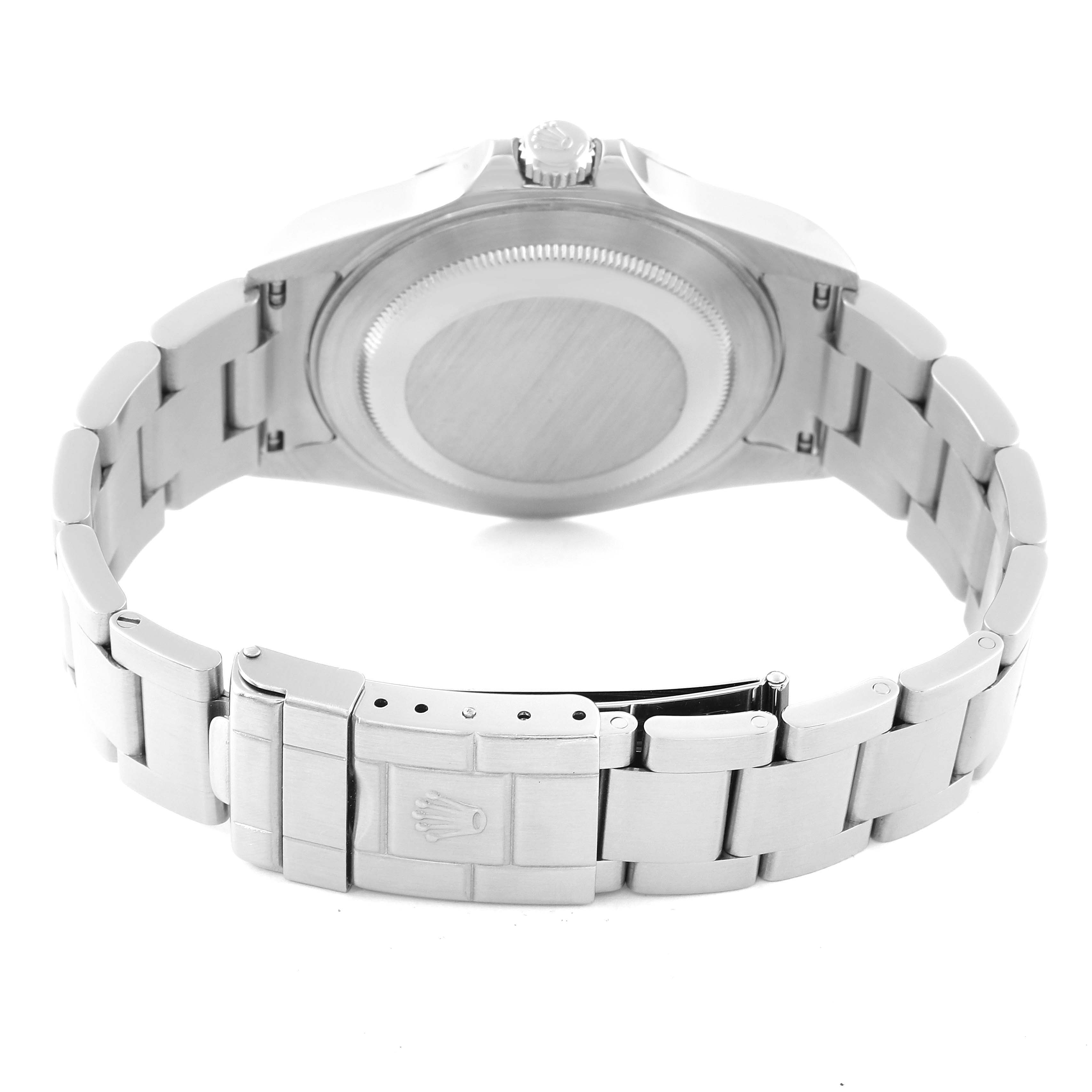 The image shows the back view of the Rolex Explorer 16570 Men
s Stainless Steel White Dial 16570 Men
s Stainless Steel White Dial watch, highlighting the closed clasp and stainless steel bracelet.