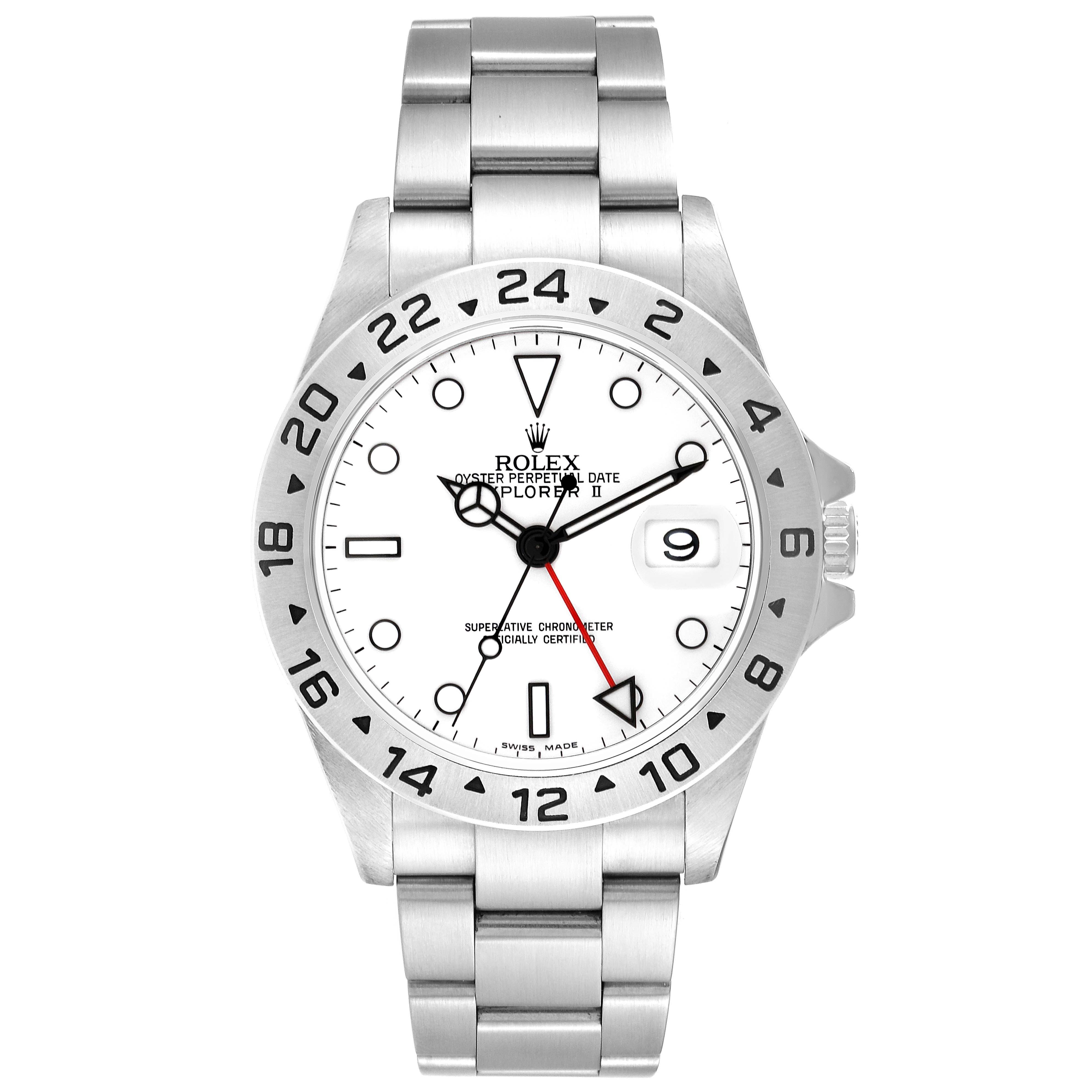 The image shows a front view of the Rolex Explorer 16570 Men
s Stainless Steel White Dial 16570 Men
s Stainless Steel White Dial watch showcasing the dial, bezel, crown, and bracelet.