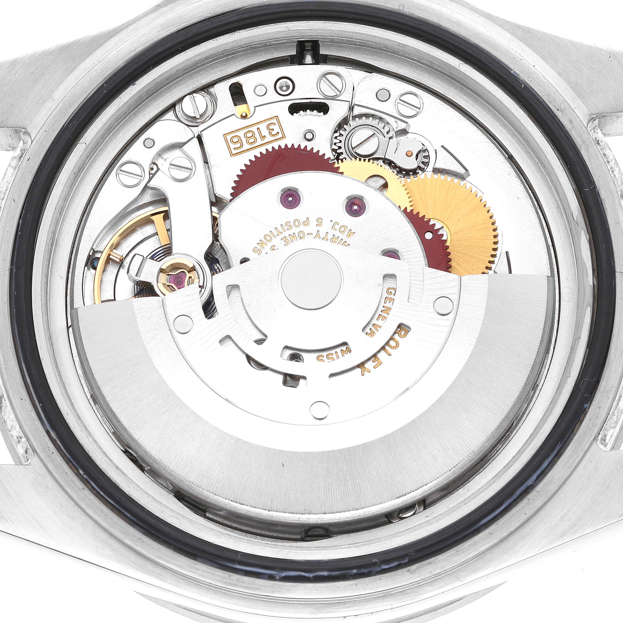 This image shows the internal mechanism of a Rolex Explorer 16570 Men
s Stainless Steel White Dial 16570 Men
s Stainless Steel White Dial watch from a top-down angle, revealing gears and the rotor.
