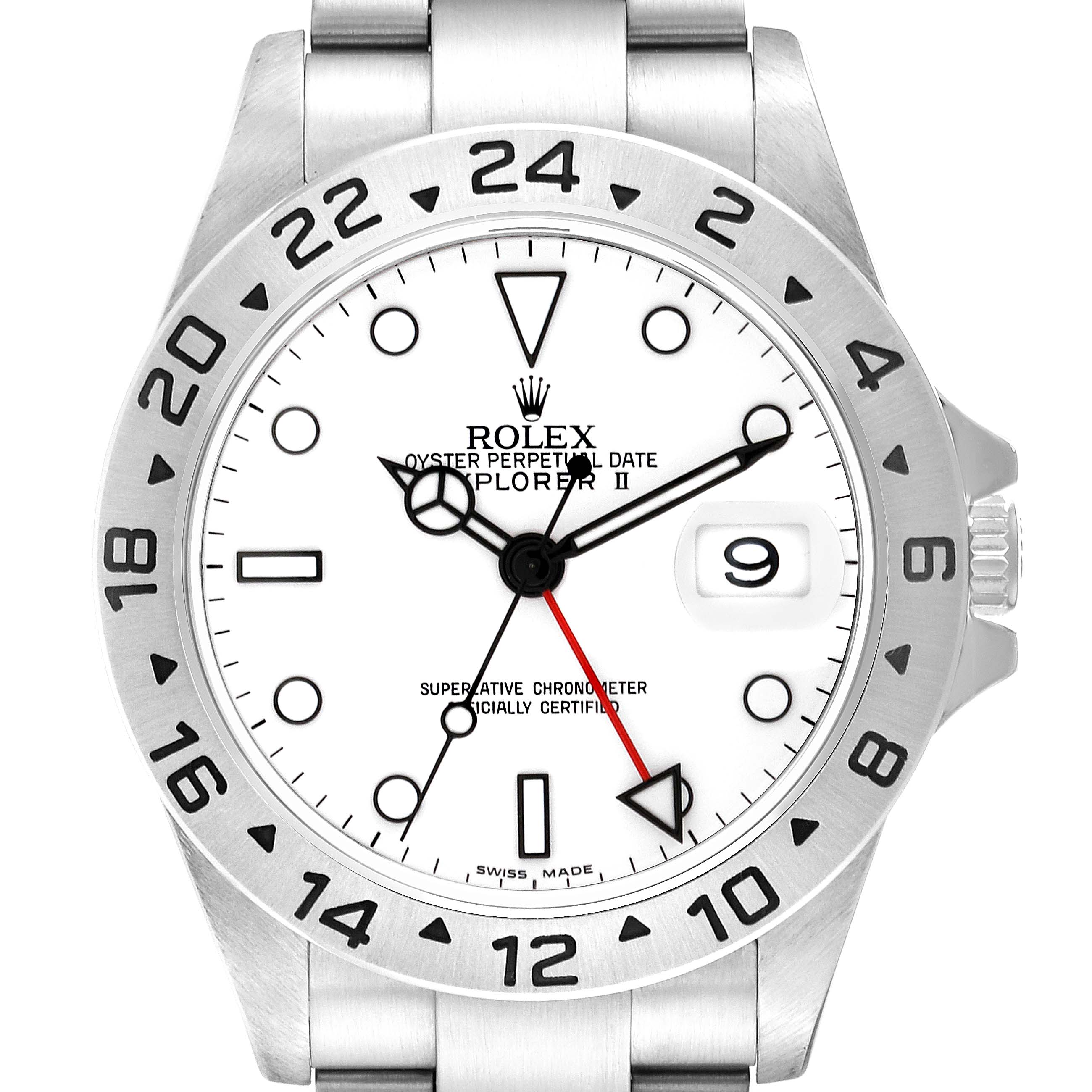 The image shows a Rolex Explorer 16570 Men
s Stainless Steel White Dial 16570 Men
s Stainless Steel White Dial watch face with a white dial, black markers, and a 24-hour bezel at a front angle.