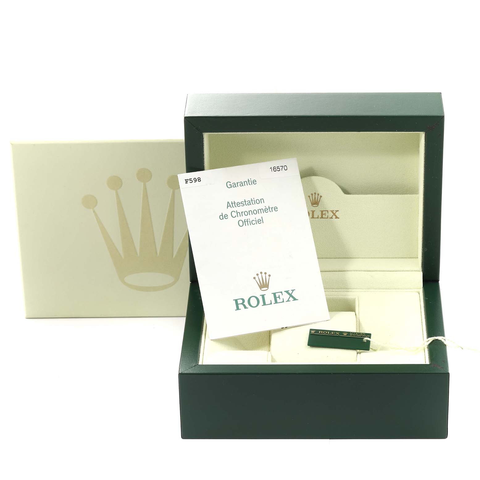 The image shows the packaging, warranty card, and box for a Rolex Explorer 16570 Men
s Stainless Steel White Dial 16570 Men
s Stainless Steel White Dial watch, but not the watch itself.