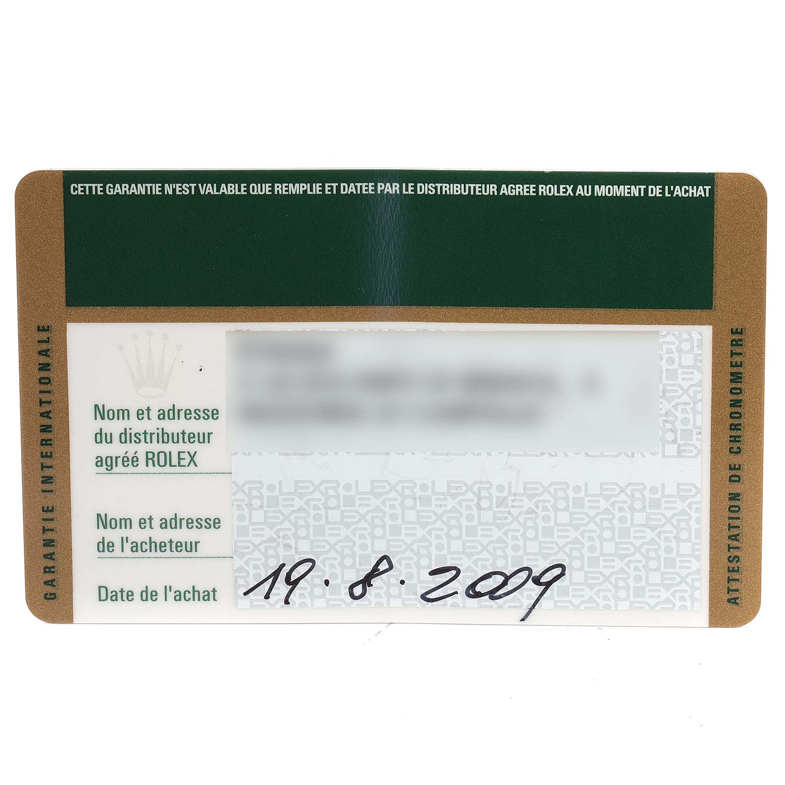 This is the warranty card for the Rolex Explorer 16570 Men's Stainless Steel White Dial 16570 Men's Stainless Steel White Dial model, showing the purchase date and authorized distributor details.