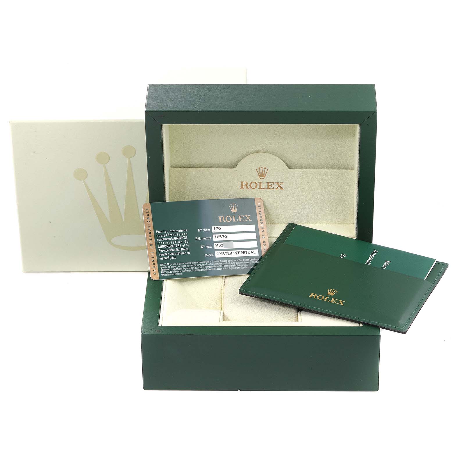 The image shows the packaging, wallet, and authenticity card for a Rolex Explorer 16570 Men's Stainless Steel White Dial 16570 Men's Stainless Steel White Dial model.