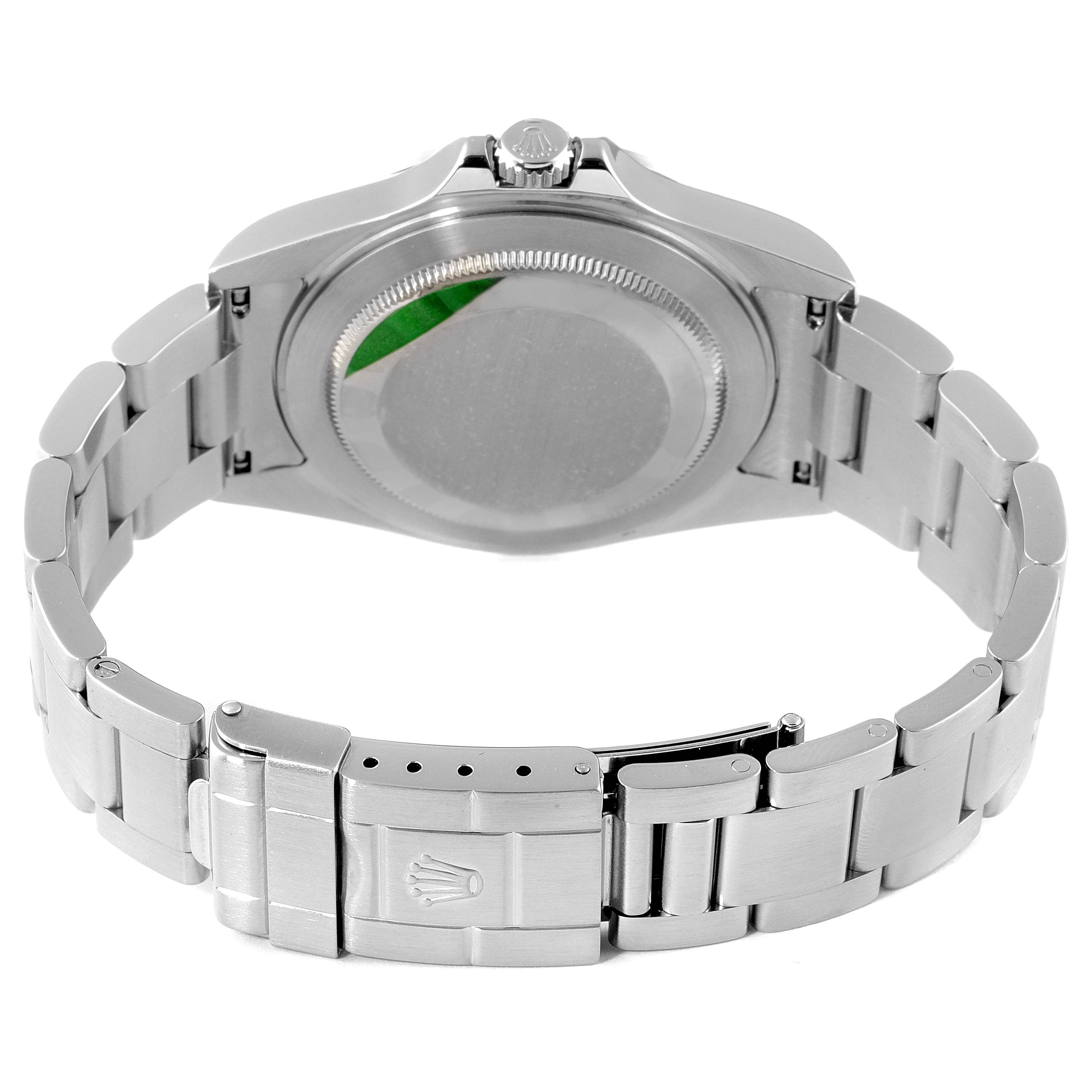 This image shows the back case and bracelet of the Rolex Explorer 16570 Men's Stainless Steel White Dial 16570 Men's Stainless Steel White Dial watch, displaying the clasp and crown.