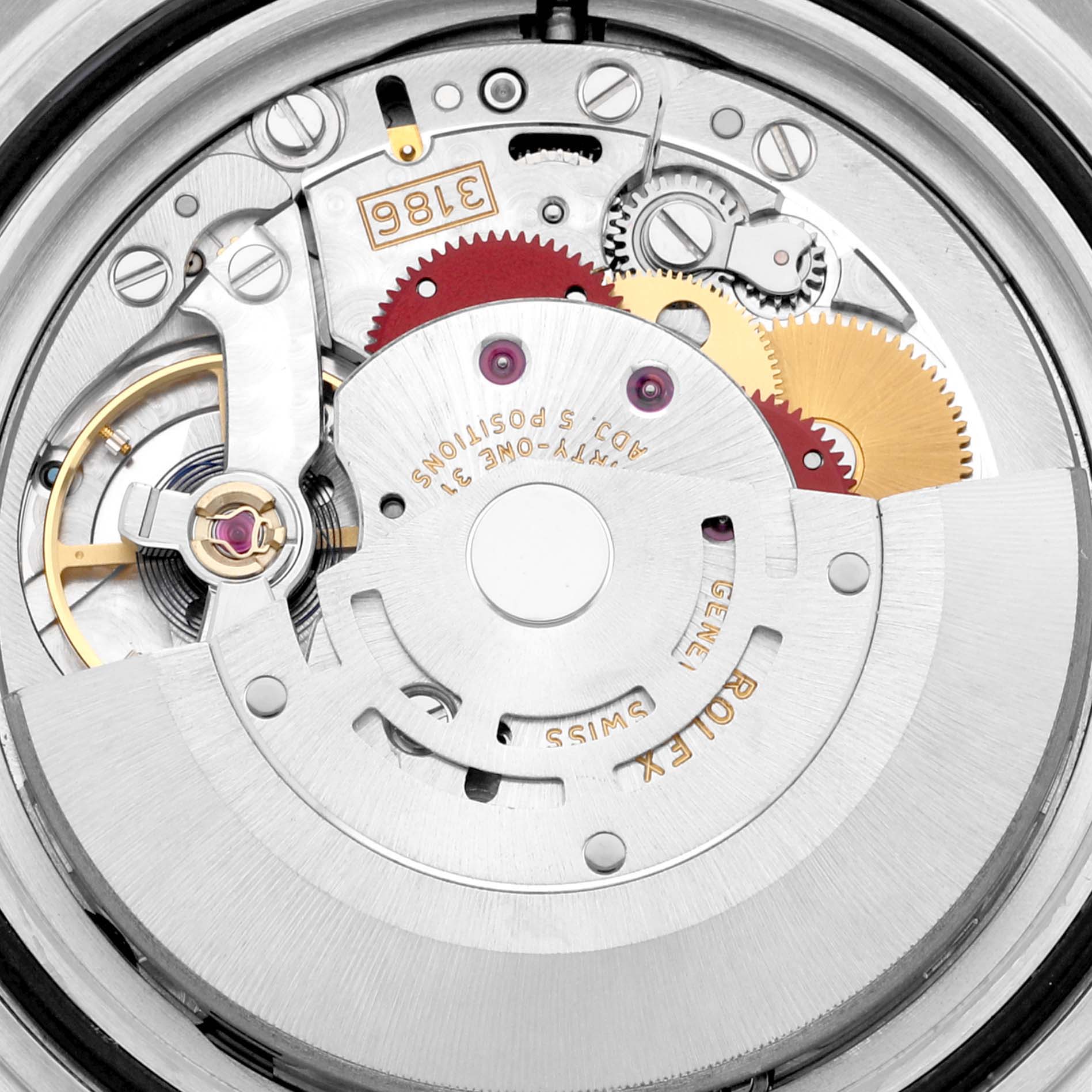 The image shows the internal movement mechanism of the Rolex Explorer 16570T Men
s Stainless Steel Black Dial 16570T Men
s Stainless Steel Black Dial watch from a top-down angle.