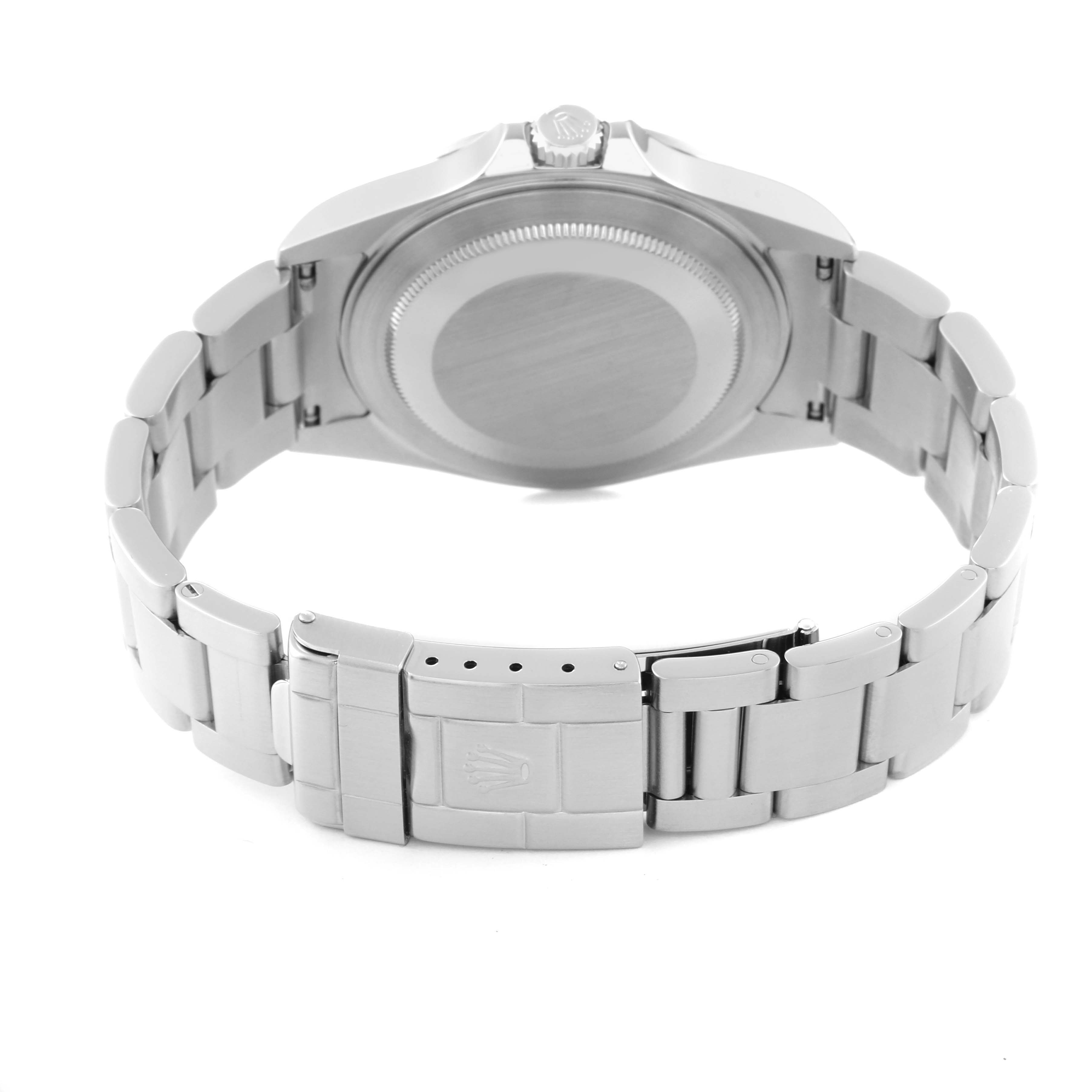 This image shows the back case, bracelet, and clasp of a Rolex Explorer 16570T Men
s Stainless Steel Black Dial 16570T Men
s Stainless Steel Black Dial watch, viewed from a rear angle.