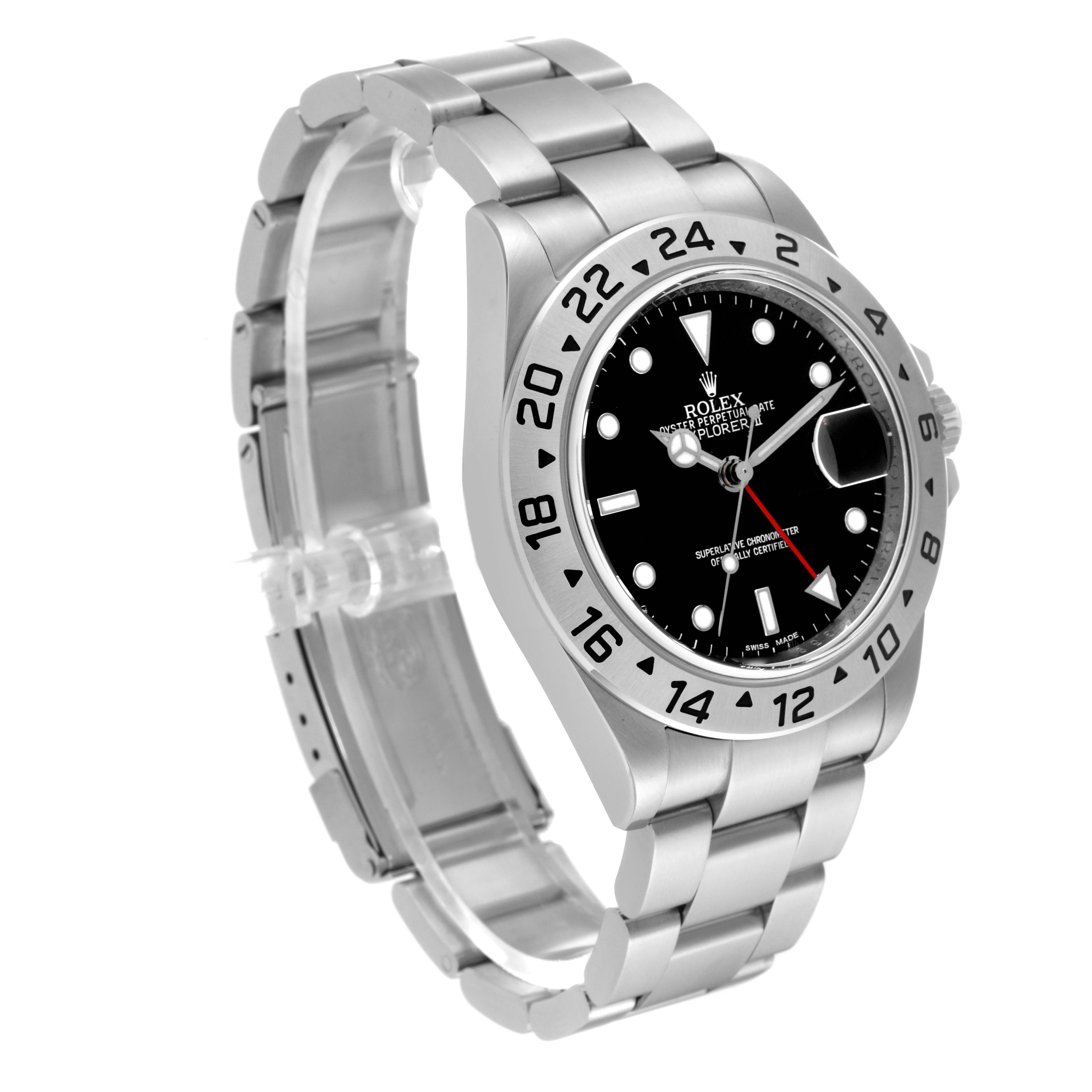 The Rolex Explorer 16570T Men
s Stainless Steel Black Dial 16570T Men
s Stainless Steel Black Dial model watch is shown at an angle, featuring the bracelet, bezel, and dial with a clear view of the markers.