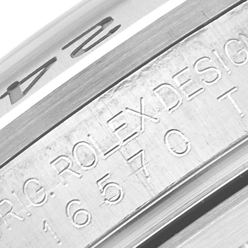Close-up angle showing the engraved text and model number on the side of the Rolex Explorer 16570T Men
s Stainless Steel Black Dial 16570T Men
s Stainless Steel Black Dial watch case.