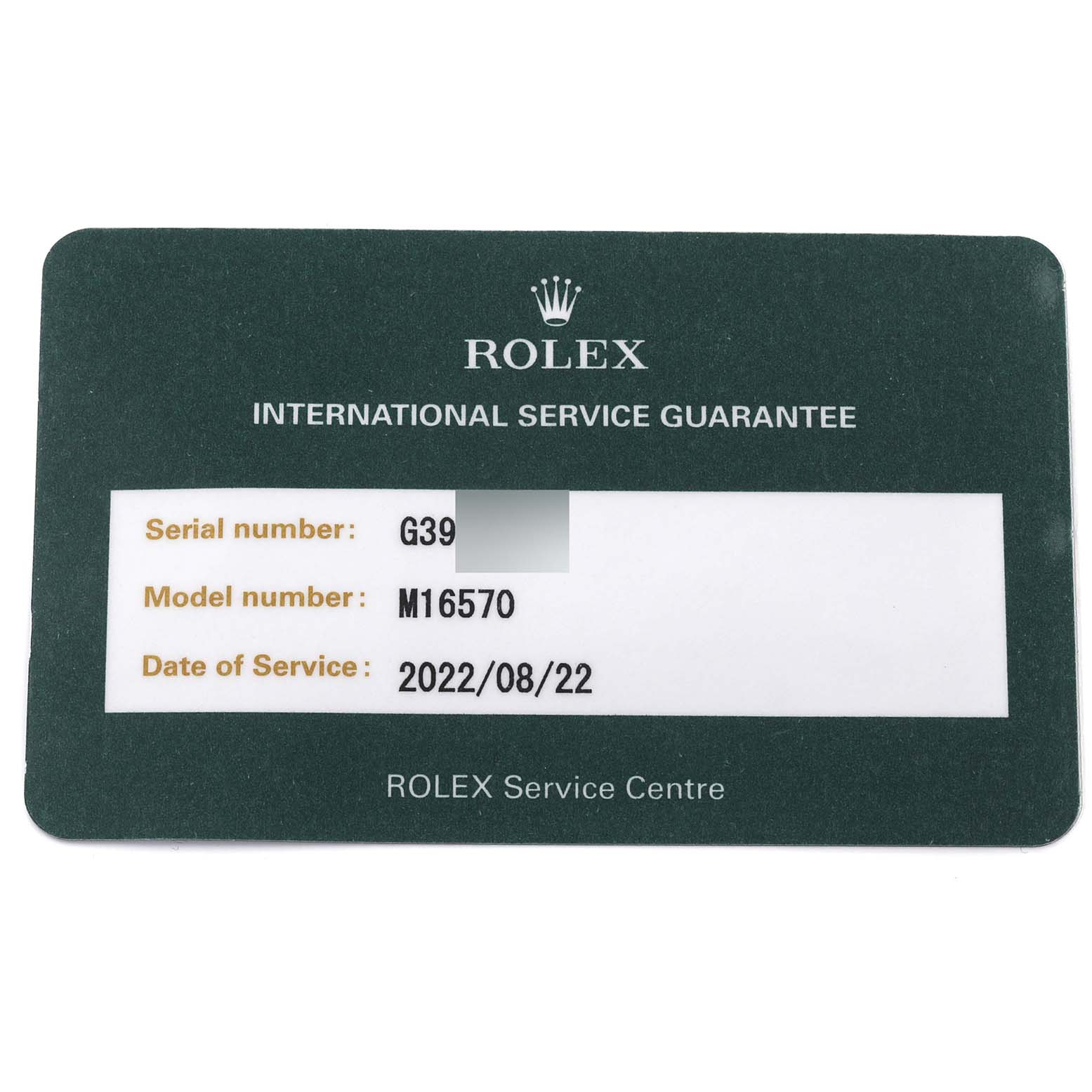 The image shows a Rolex International Service Guarantee card for the Explorer model M16570.