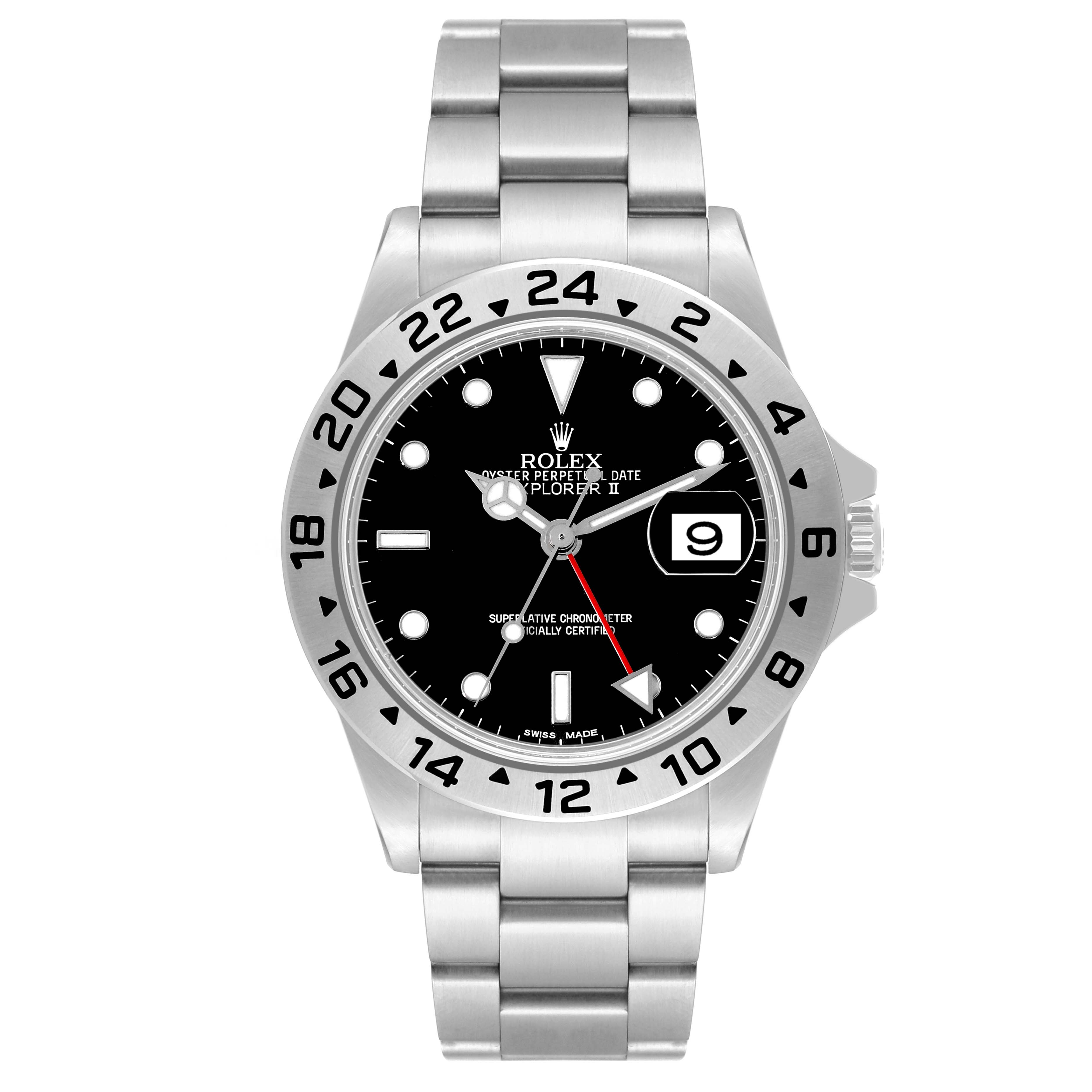 The image shows a front view of the Rolex Explorer 16570T Men
s Stainless Steel Black Dial 16570T Men
s Stainless Steel Black Dial II, displaying its face, bezel, hands, and bracelet.