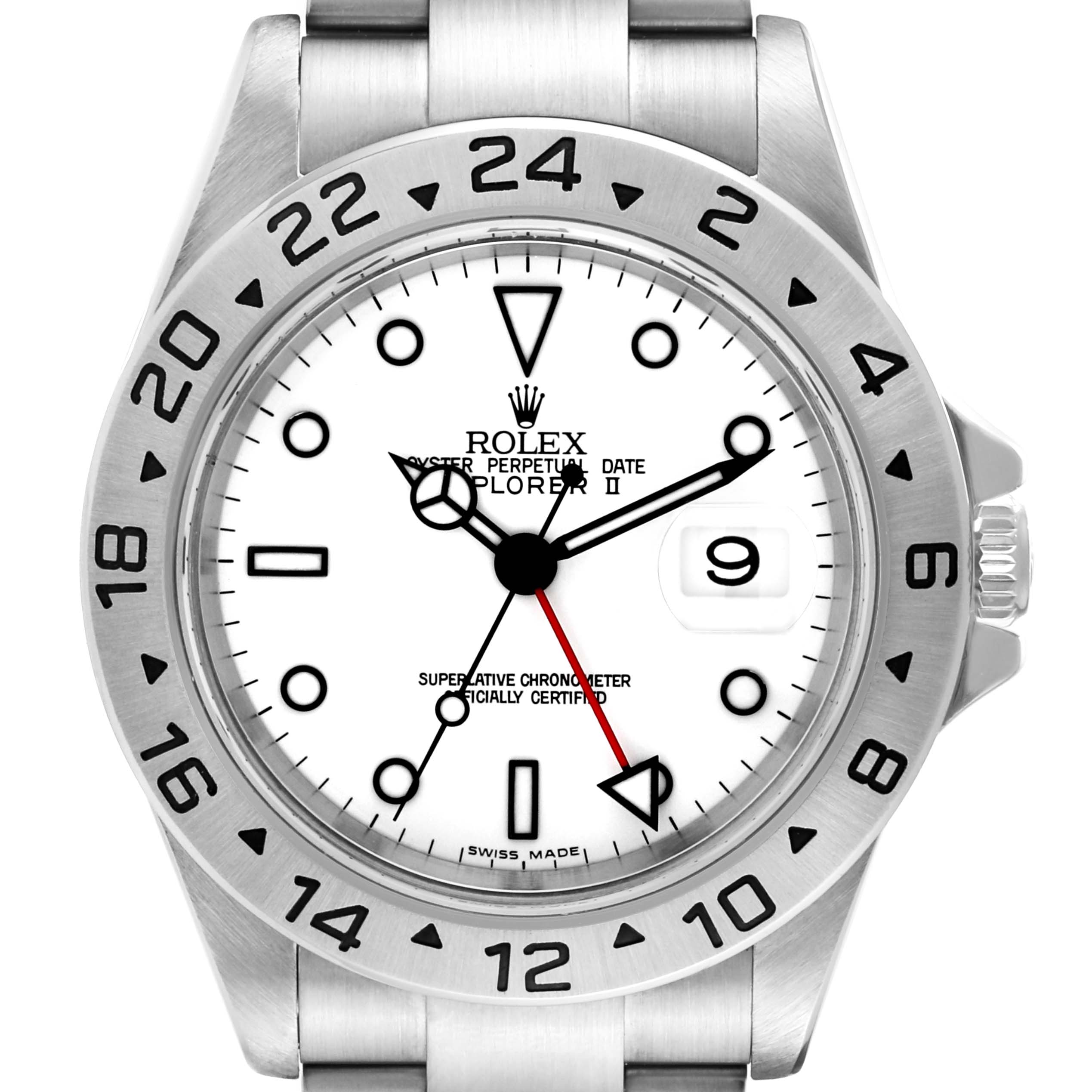 The image shows a frontal view of the dial of a Rolex Explorer 16570T Men's Stainless Steel White Dial 16570T Men's Stainless Steel White Dial watch, featuring its bezel, face, hands, and date window.