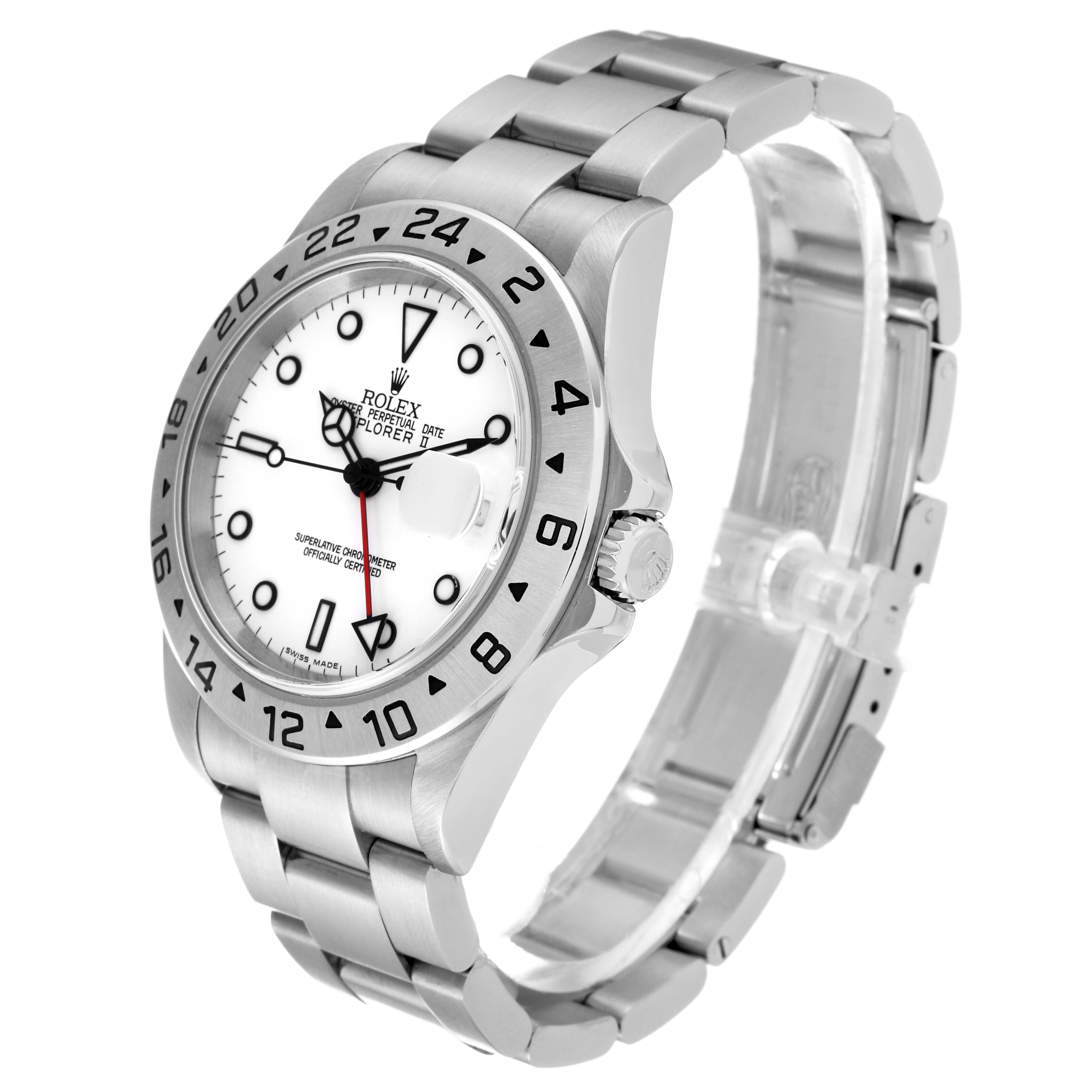 This image shows a side angle of a Rolex Explorer 16570T Men's Stainless Steel White Dial 16570T Men's Stainless Steel White Dial watch, displaying its white dial, bezel, crown, and stainless steel bracelet.