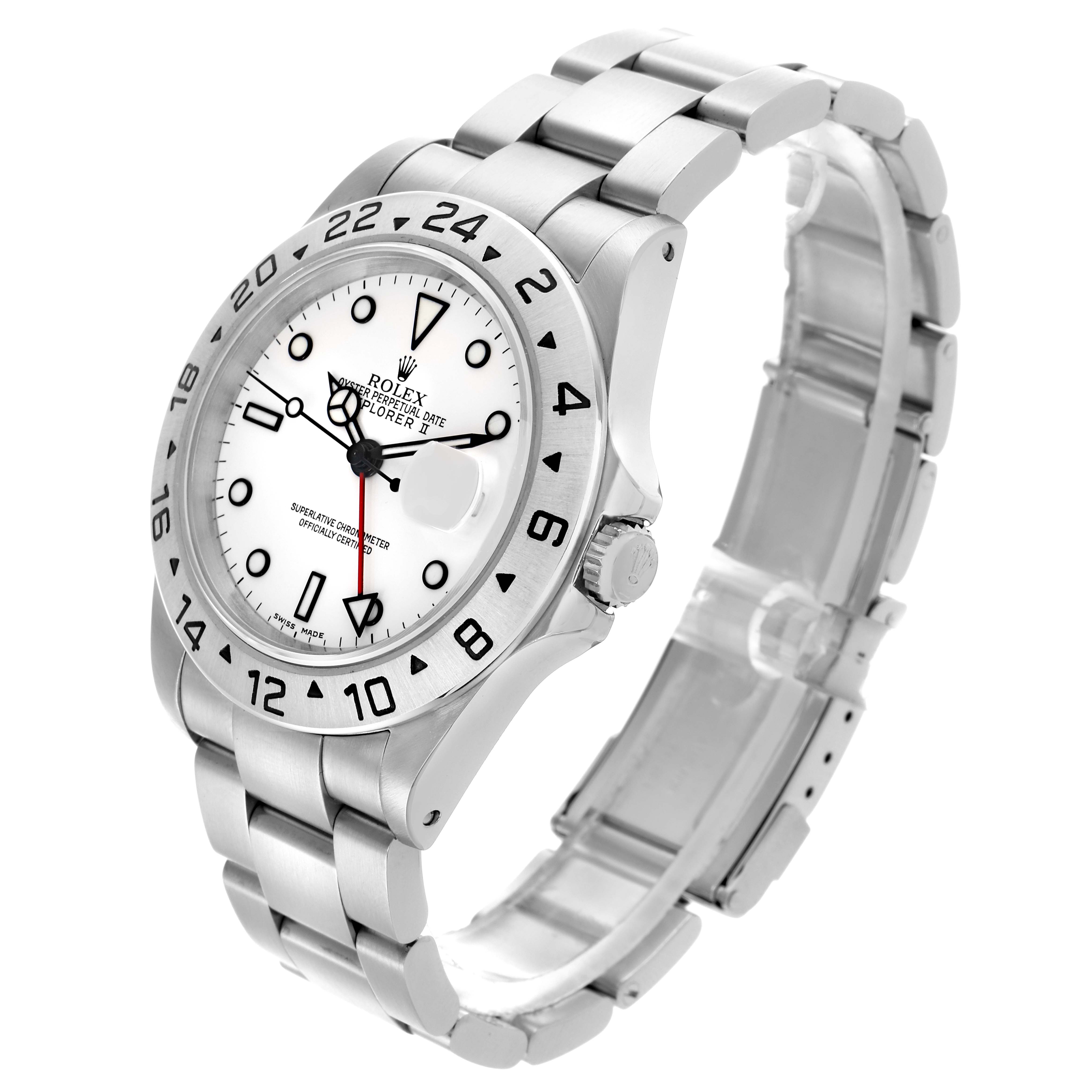 The Rolex Explorer 16570 Men's Stainless Steel White Dial 16570 Men's Stainless Steel White Dial watch is shown from a three-quarter angle, highlighting the dial, bezel, crown, and bracelet.