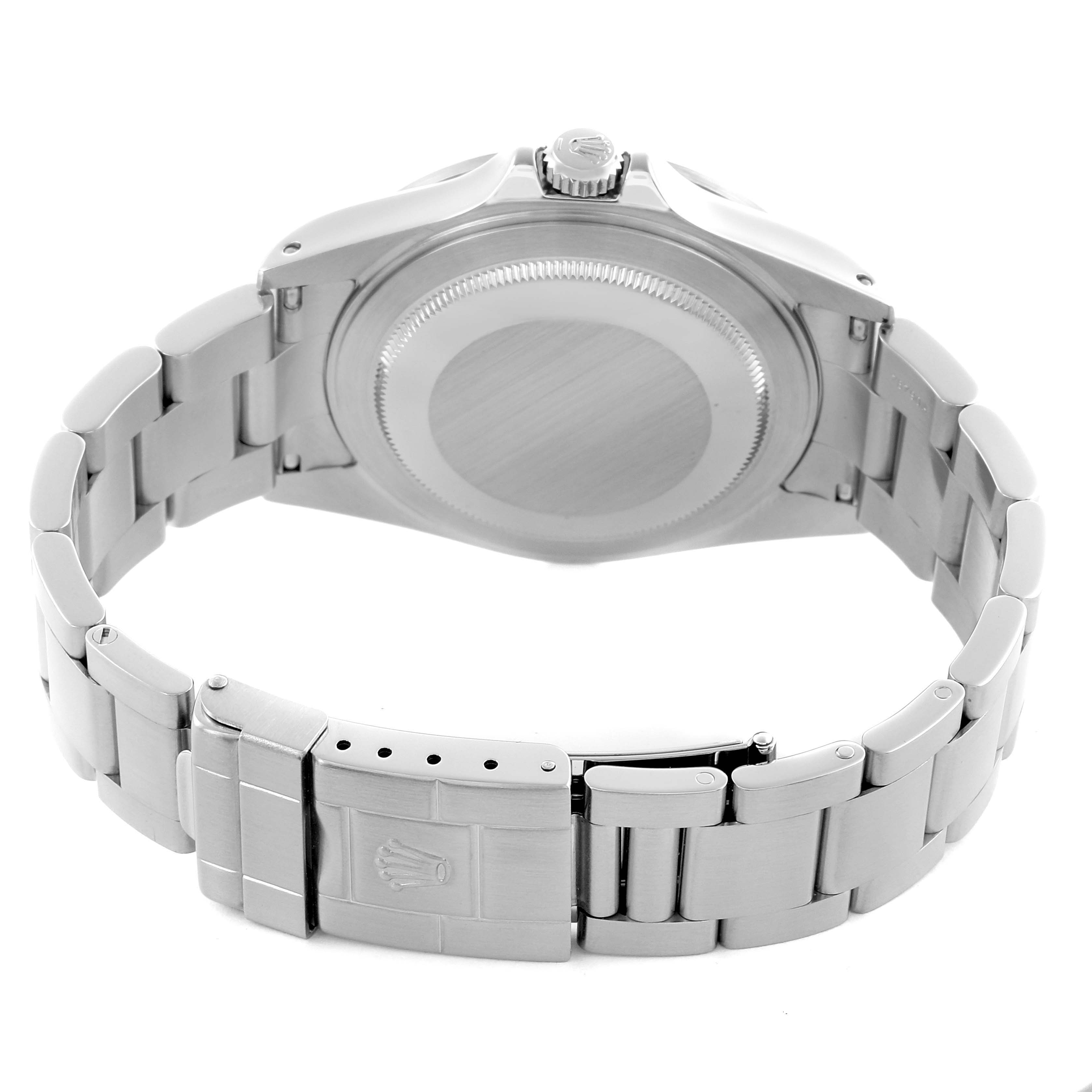 The image shows the Rolex Explorer 16570 Men's Stainless Steel White Dial 16570 Men's Stainless Steel White Dial watch from the back, featuring the case back, bracelet, and clasp.