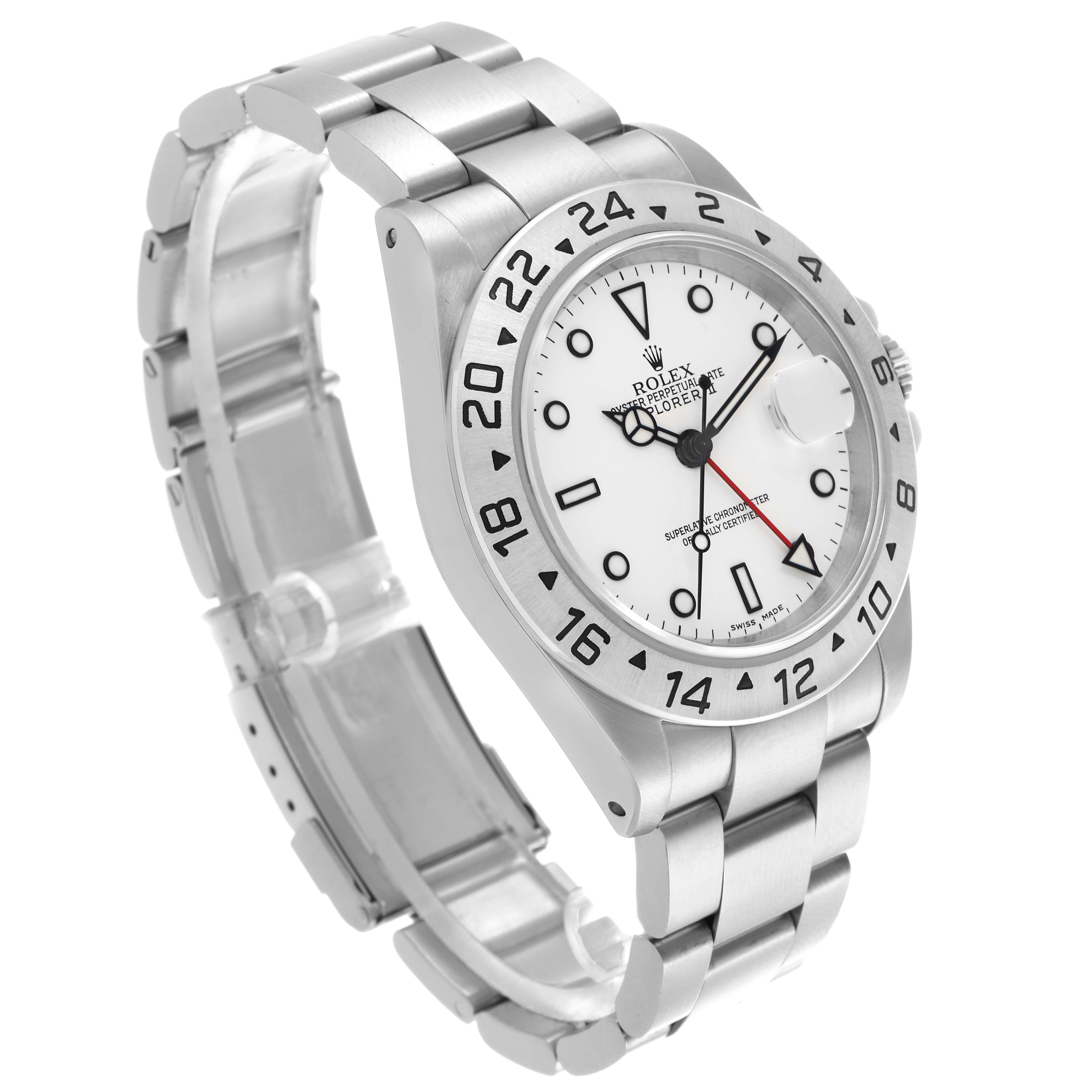 The Rolex Explorer 16570 Men's Stainless Steel White Dial 16570 Men's Stainless Steel White Dial watch is shown at a slight angle, displaying the dial, bezel, and bracelet clearly.