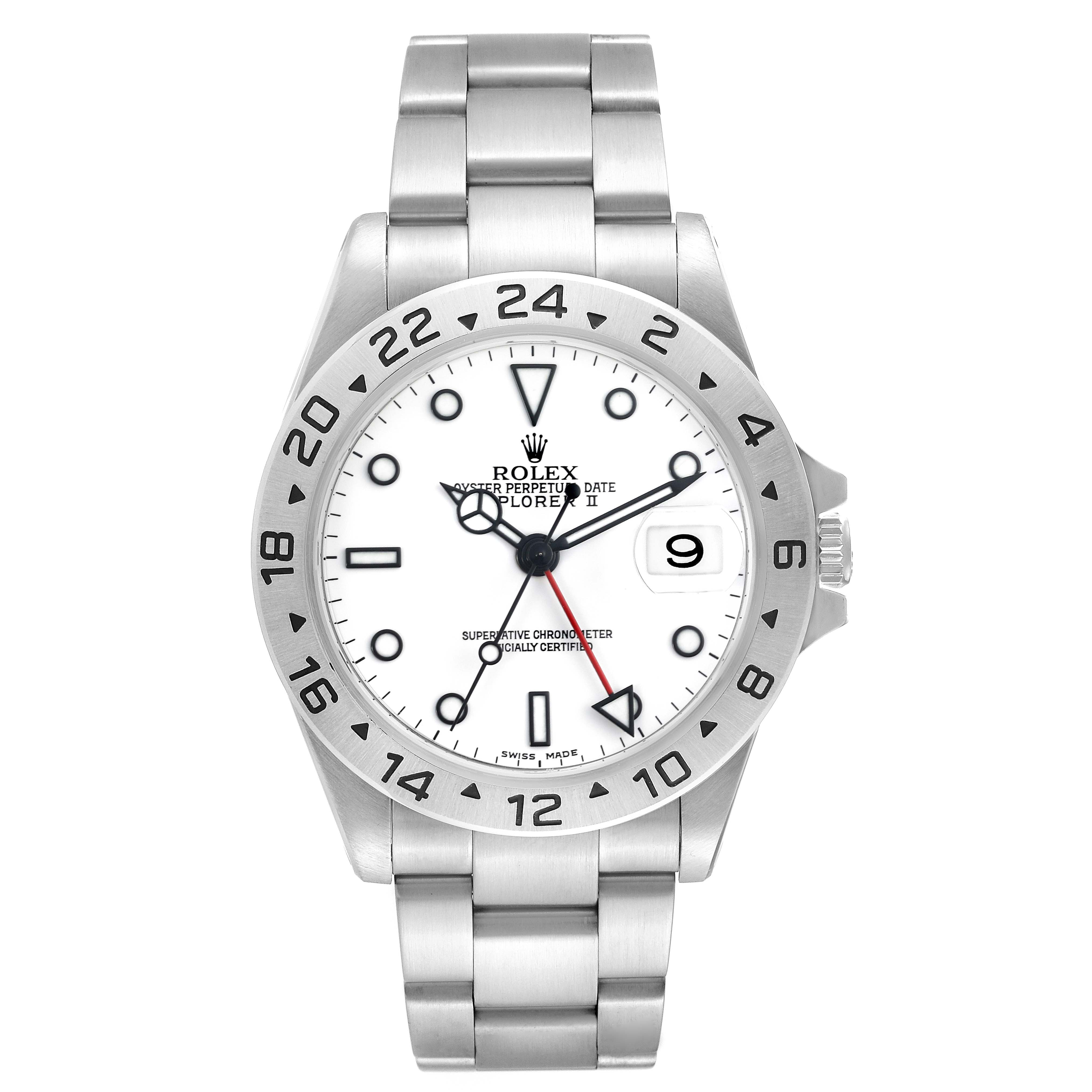 The Rolex Explorer 16570 Men's Stainless Steel White Dial 16570 Men's Stainless Steel White Dial model is shown from the front, displaying the face, bezel, and bracelet links.