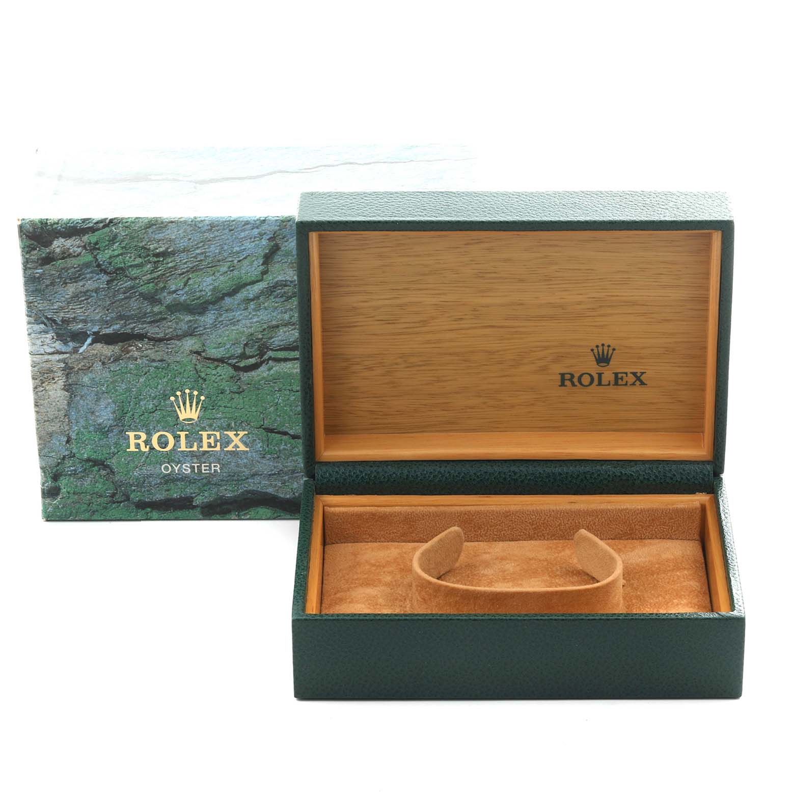 The image shows an empty Rolex Explorer 16570 Men's Stainless Steel White Dial 16570 Men's Stainless Steel White Dial watch box with a green exterior and wooden interior, lid open at a frontal angle.