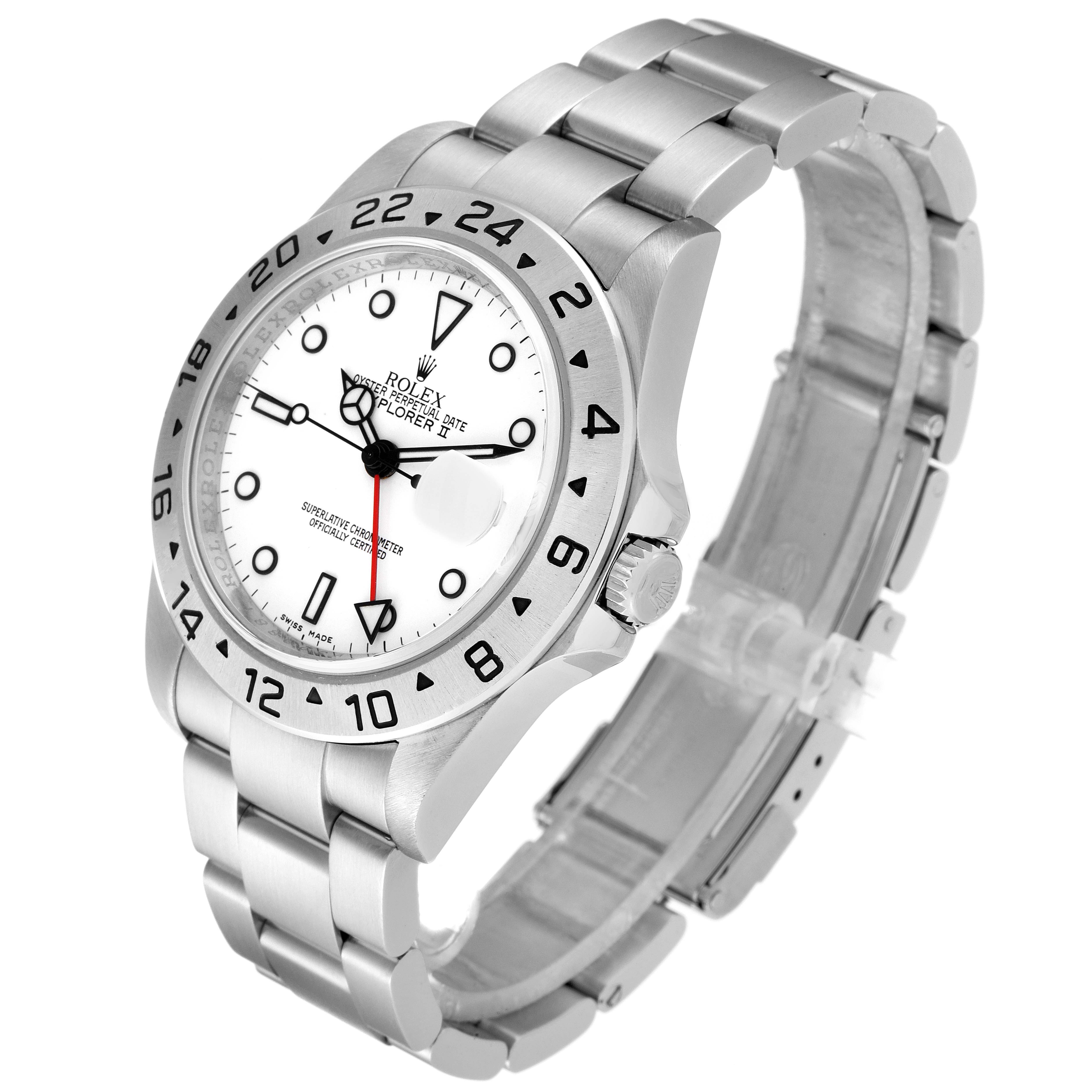 The Rolex Explorer 16570 Men's Stainless Steel White Dial 16570 Men's Stainless Steel White Dial model is shown at an angle highlighting the watch face, bezel, crown, and bracelet.